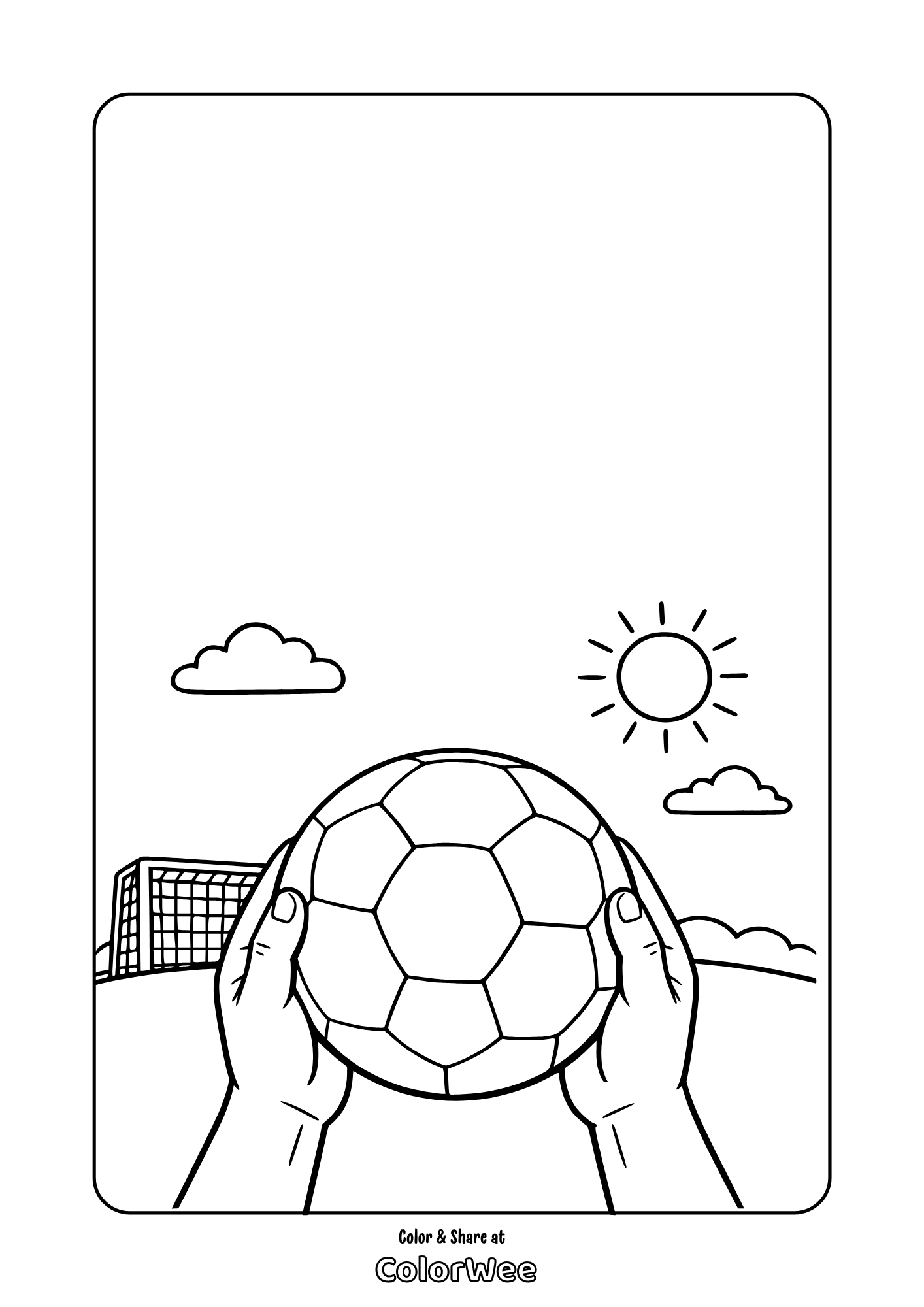 Hands holding soccer ball - coloring page.
