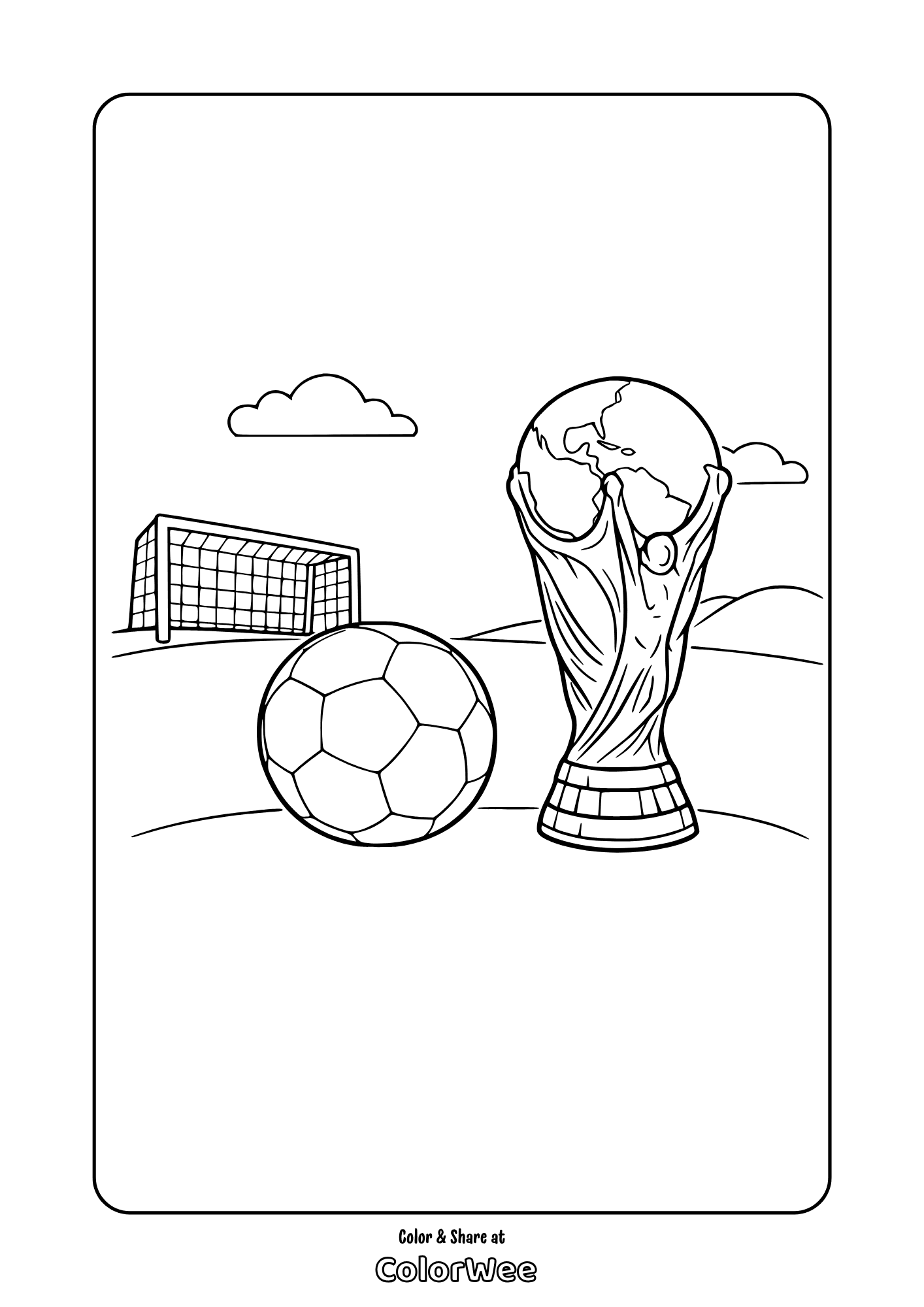 Soccer World Cup FIFA trophy and soccer ball coloring page with goal for kids