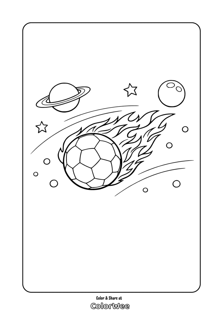 Soccer ball comet in space coloring page with planets and stars