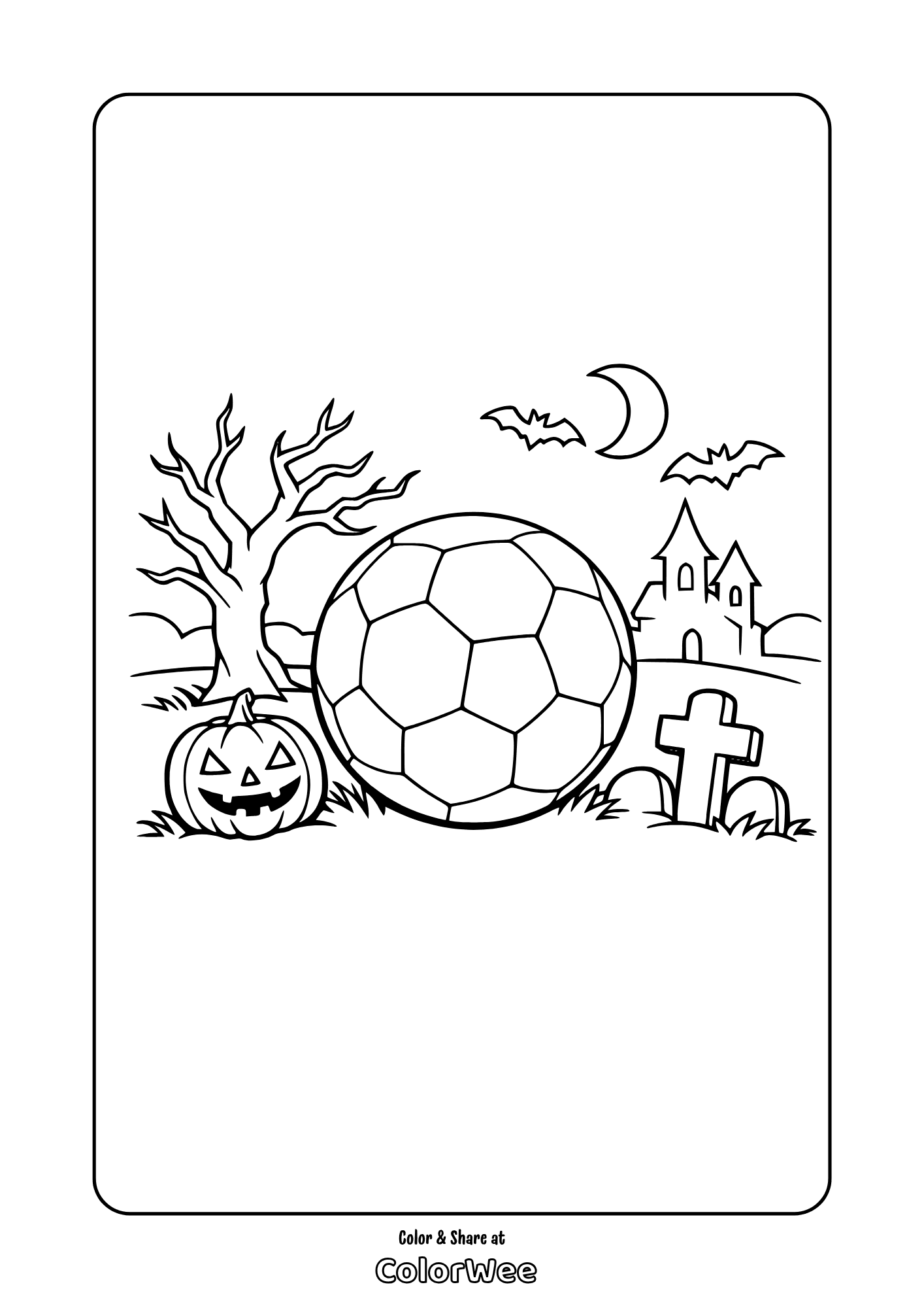 Halloween soccer ball coloring page with pumpkin, bats, graveyard and moon