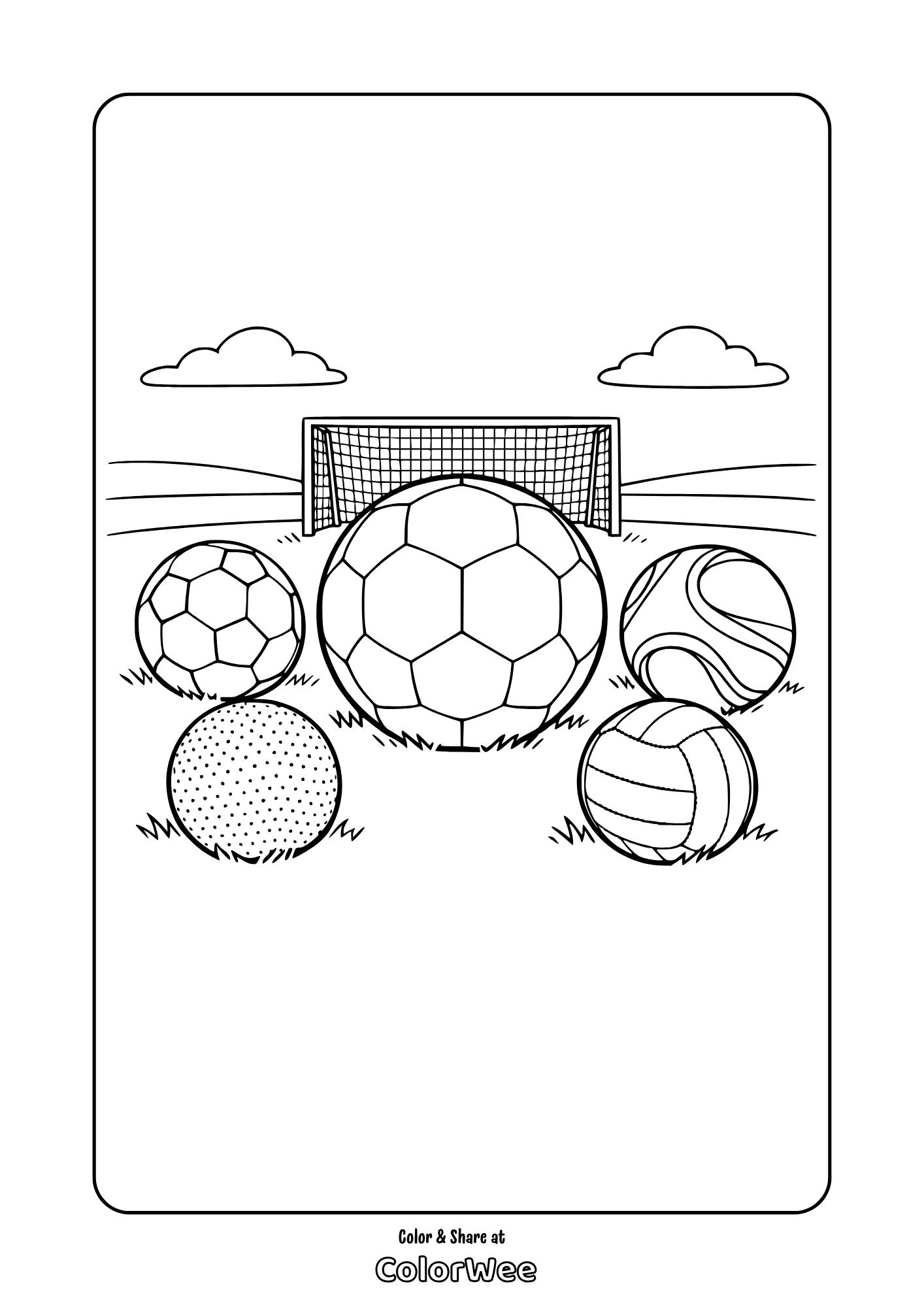 Sports balls on field with soccer goal coloring page printable for kids