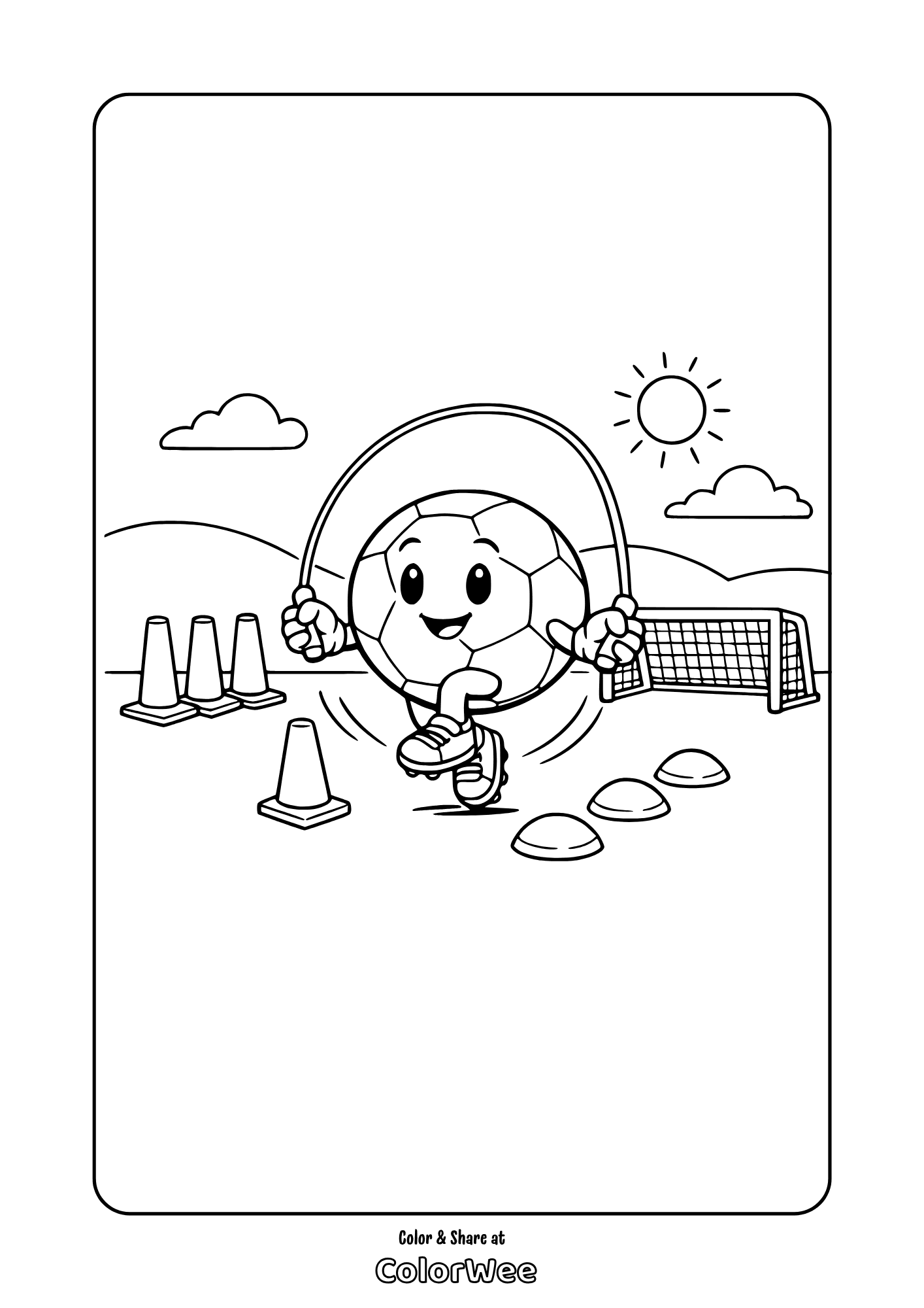 Cartoon soccer ball jump-roping by goal and cones coloring page for kids