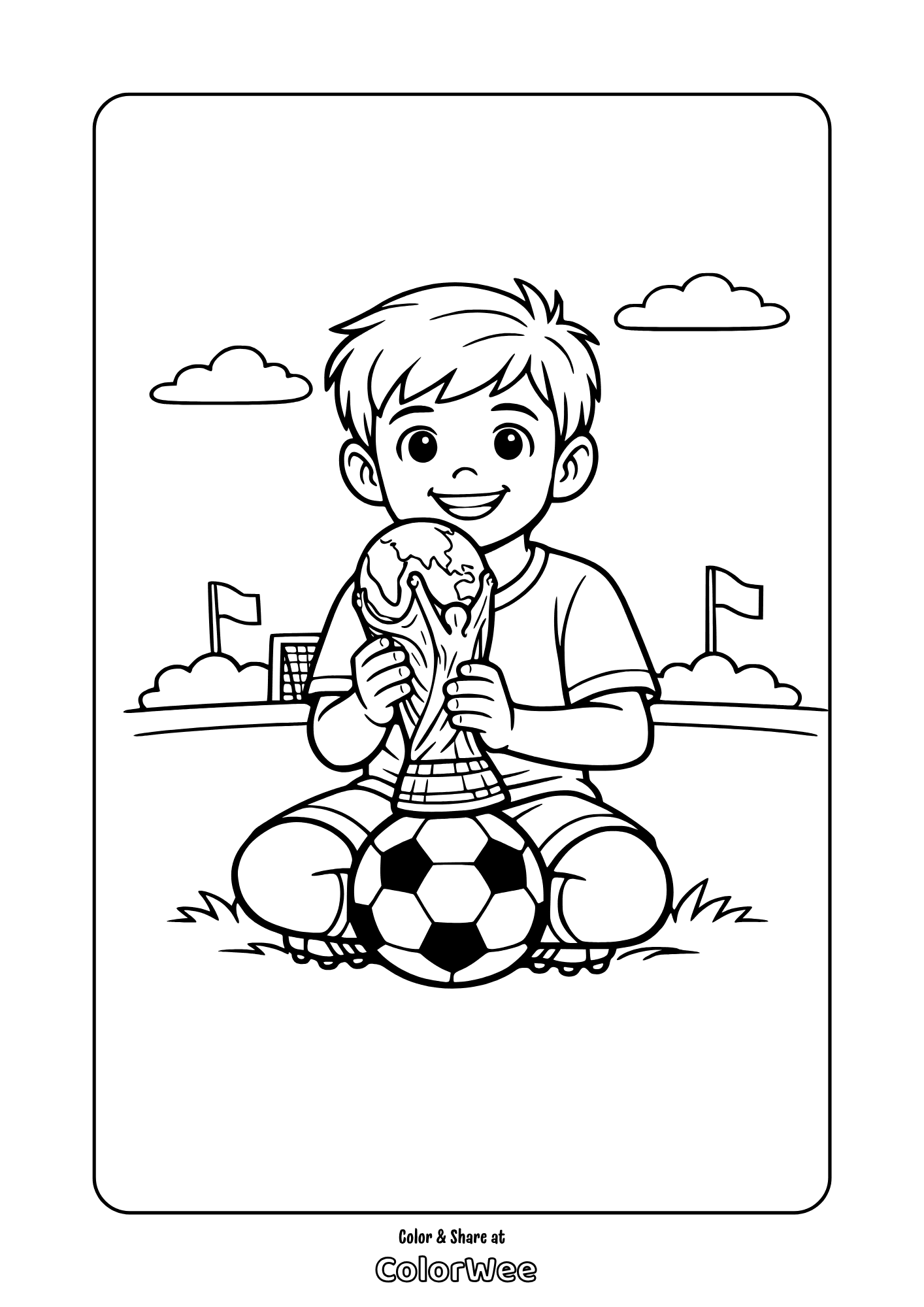 Soccer boy with trophy and ball on field coloring page