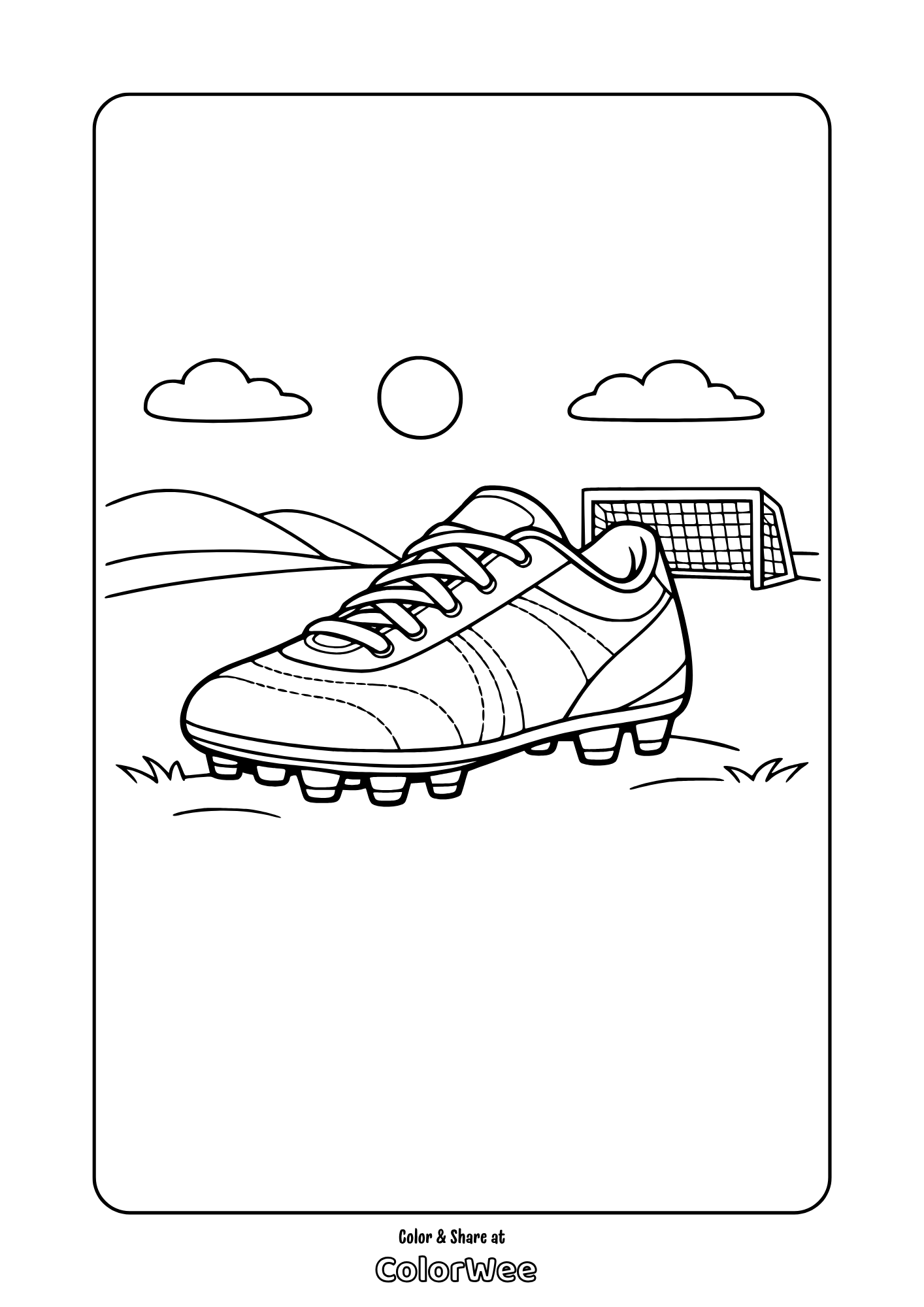 Soccer cleat and goal on field coloring page for kids