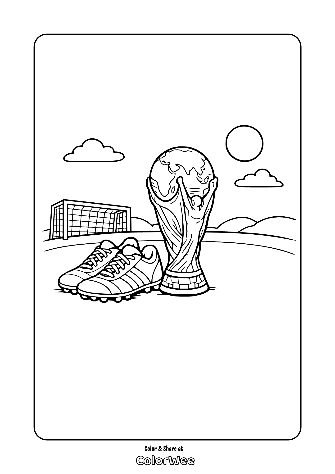 Soccer World Cup trophy, cleats and goal - free coloring sheet.