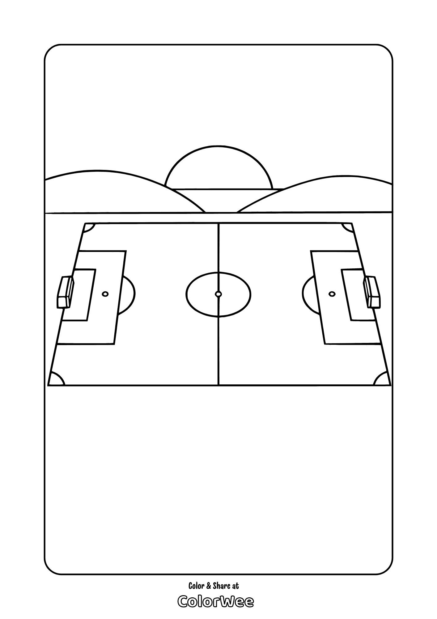 Printable soccer field coloring page with goals and sunset hills