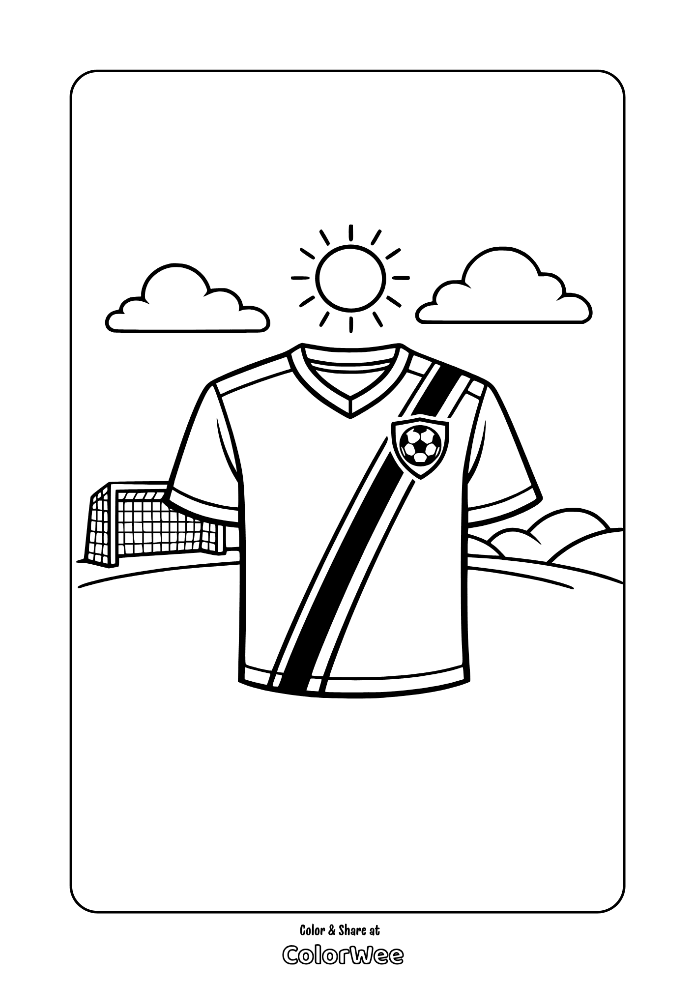 Soccer jersey with stripe and goal under sunny sky coloring page