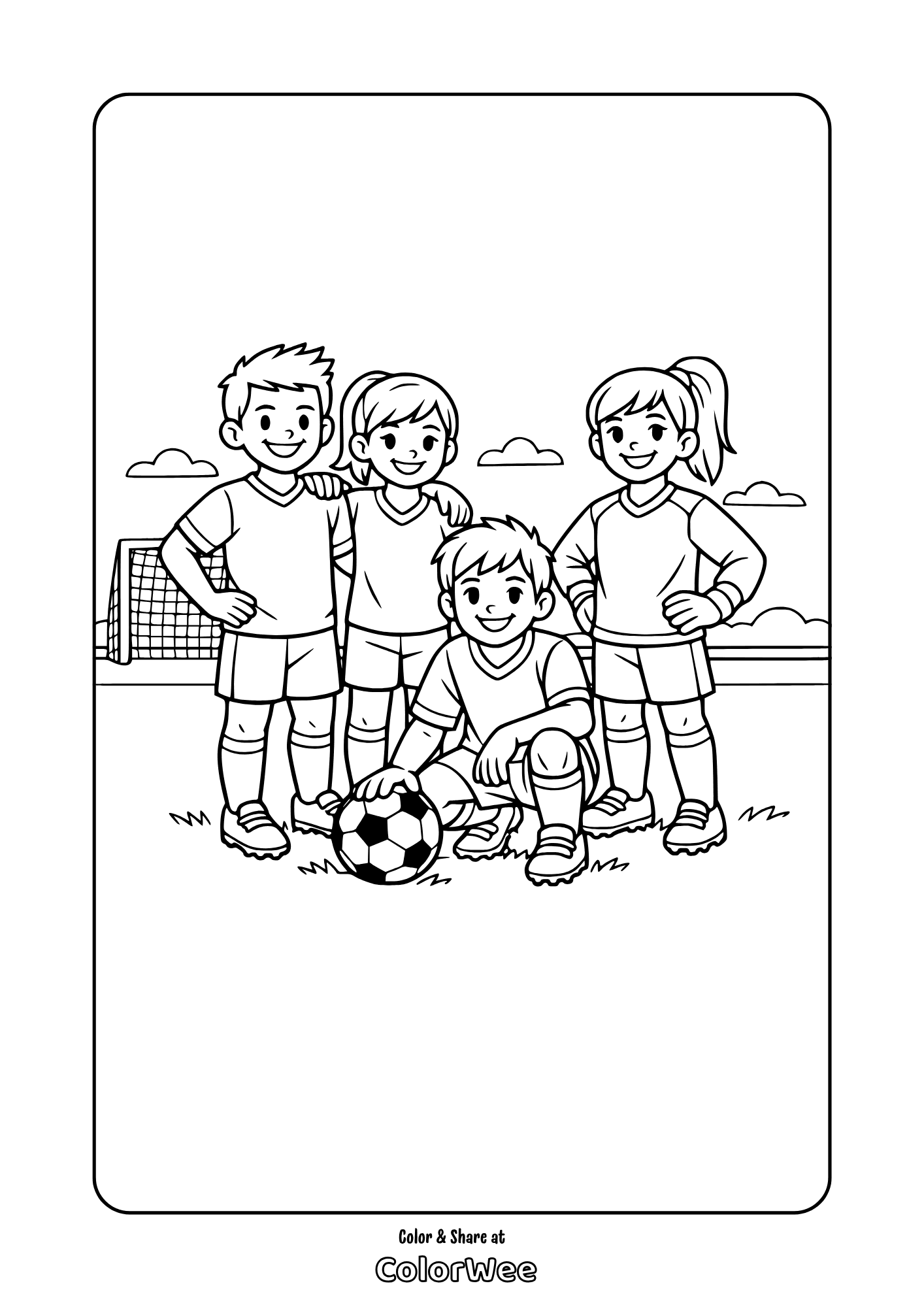 Kids soccer team on field with ball coloring page