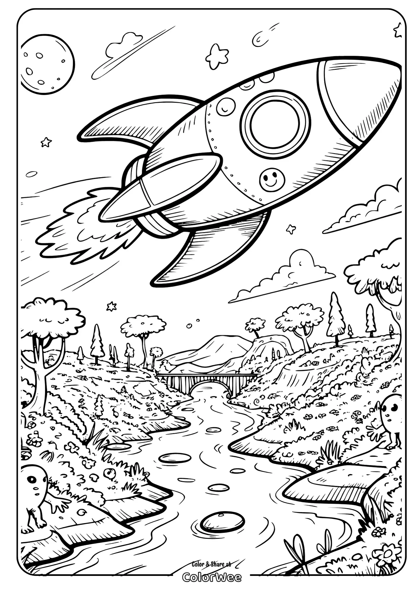 Coloring page with cartoon rocket flying above a scenic landscape.