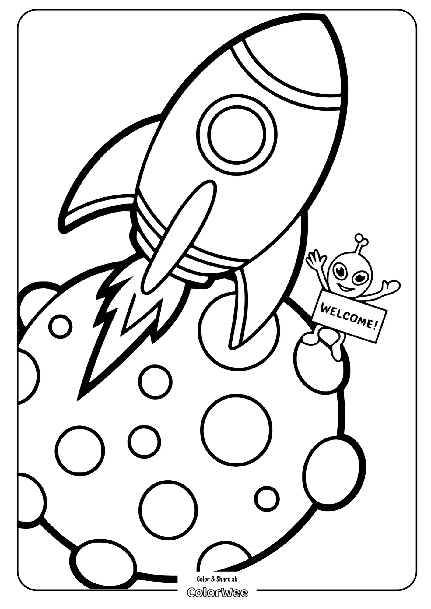 Spaceship and alien on planet coloring page for kids.