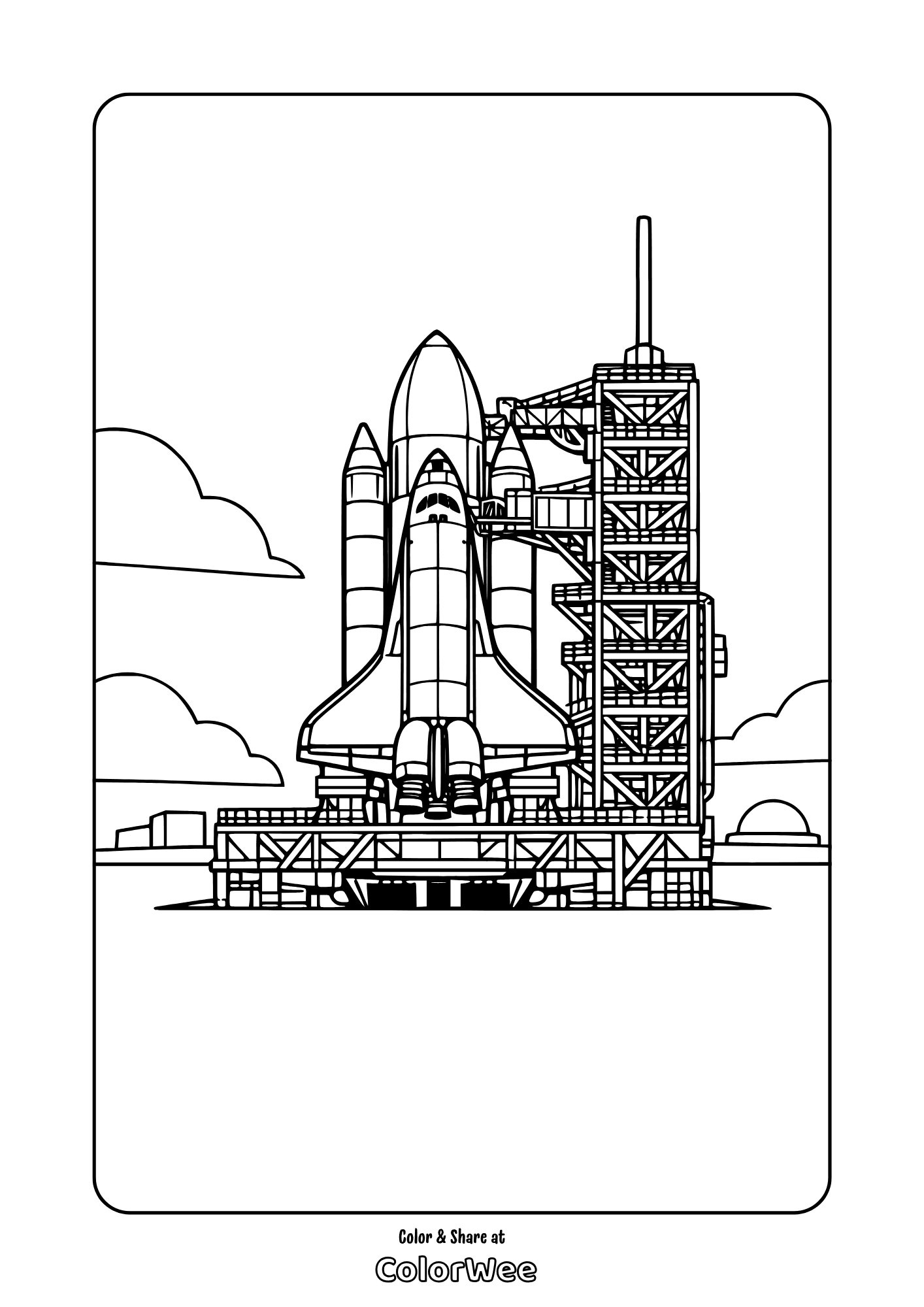 Space shuttle rocket on launch pad coloring page for kids and adults