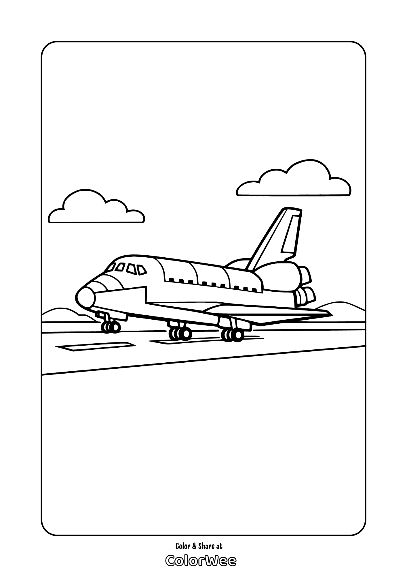 Space shuttle on runway with clouds coloring page for kids