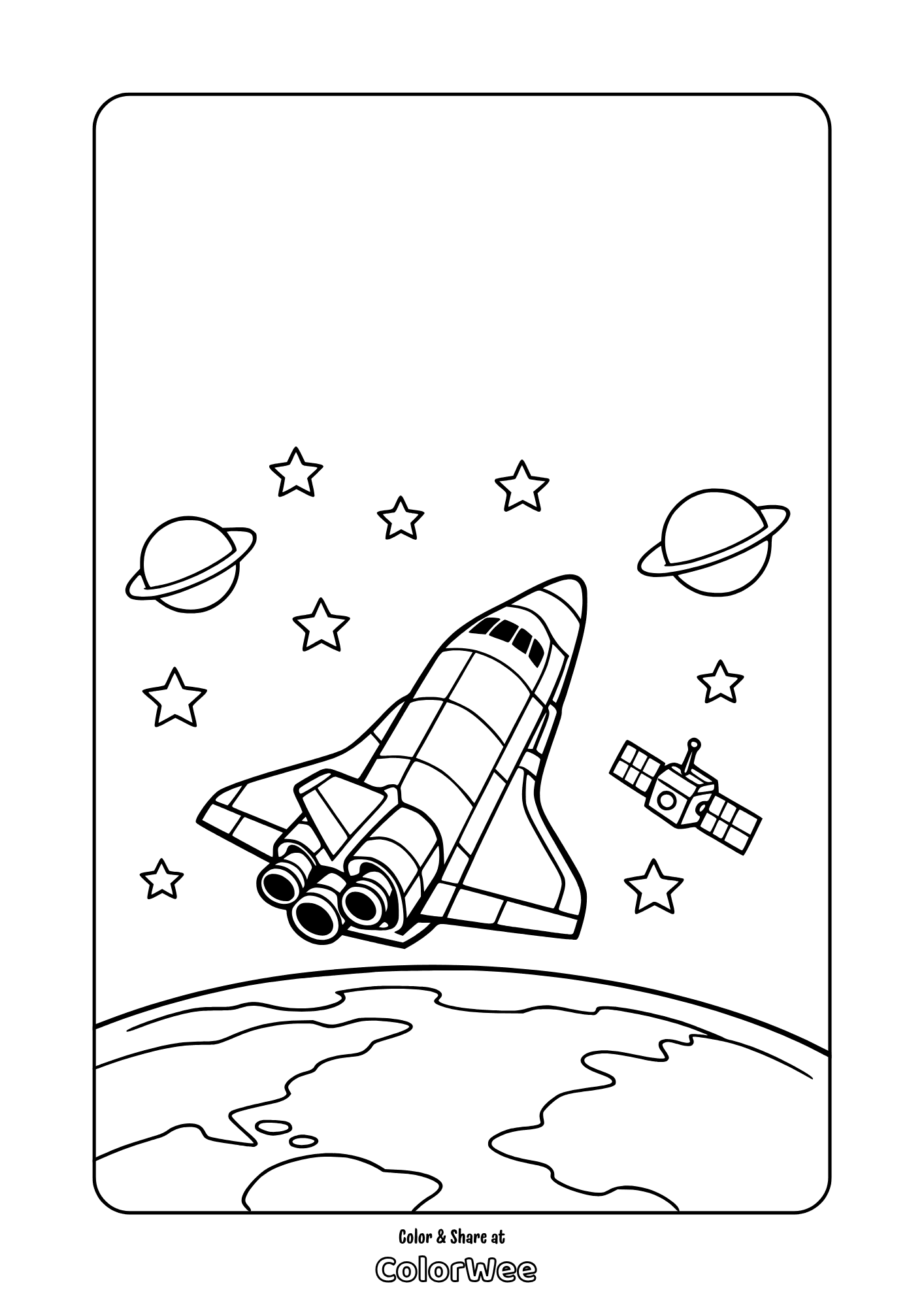Space shuttle over Earth with planets and stars coloring page for kids