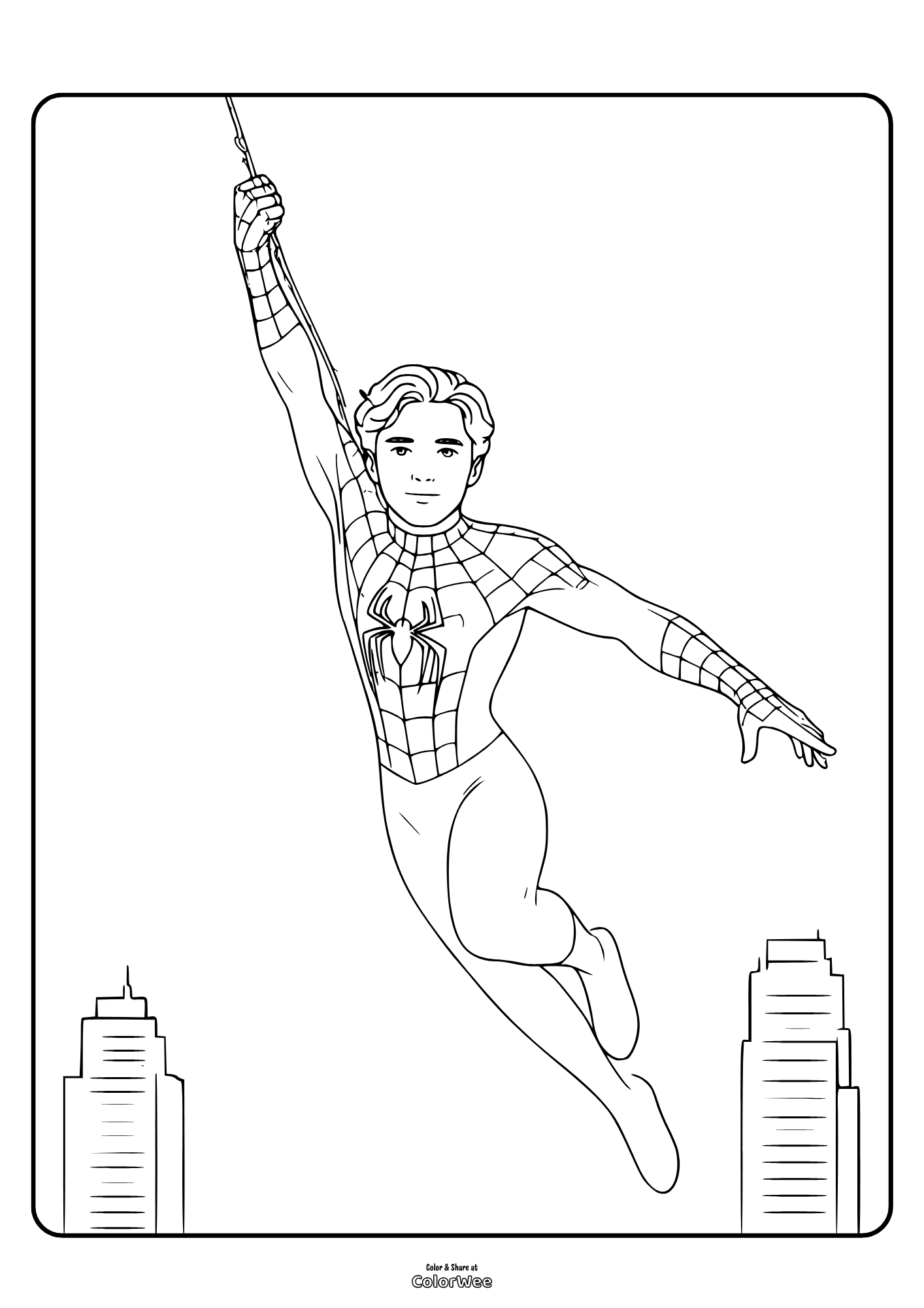 Spider-Man in Brand New Day swinging through city coloring page for kids