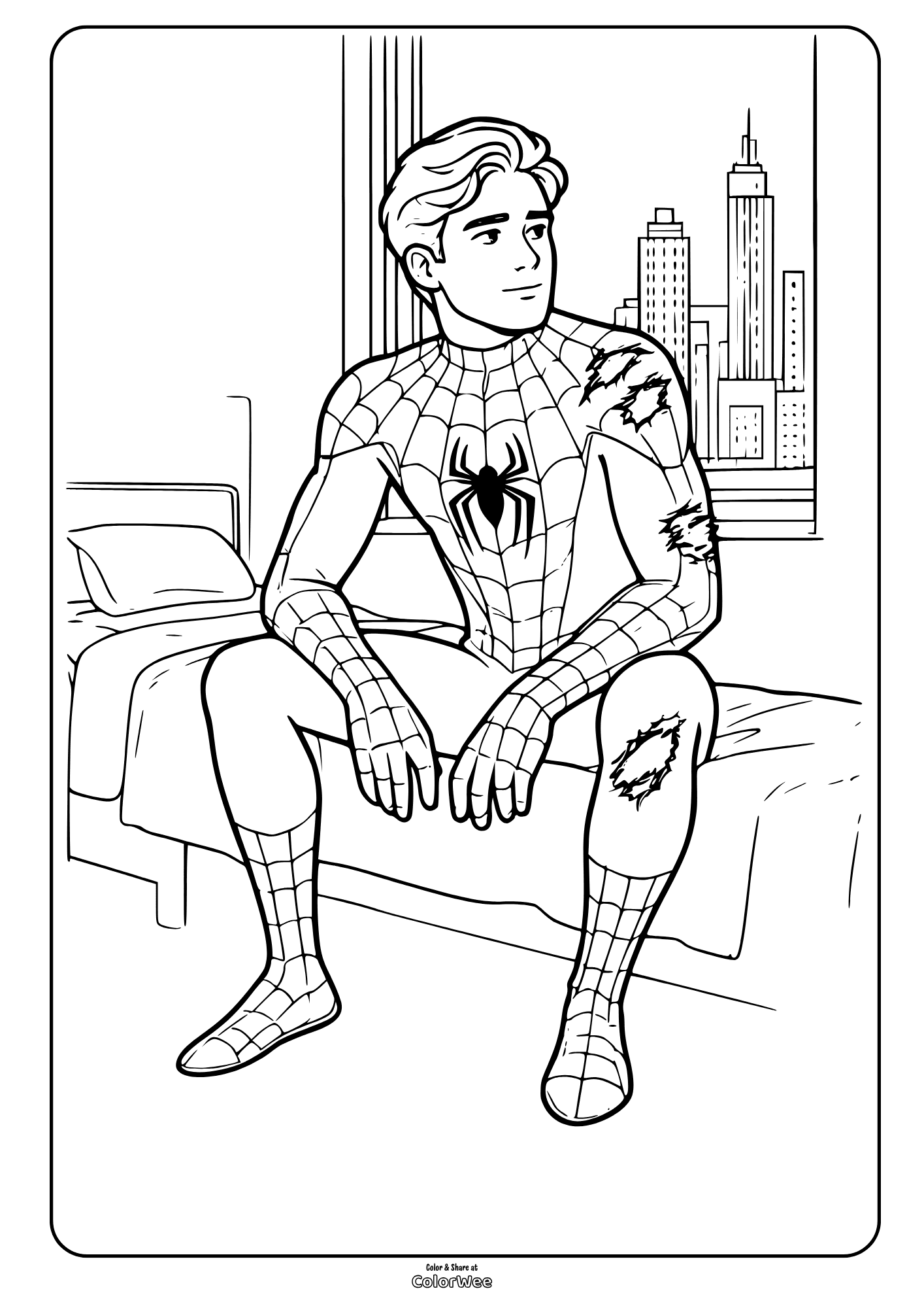 Spider-Man in Brand New Day resting on bed with torn suit coloring page.