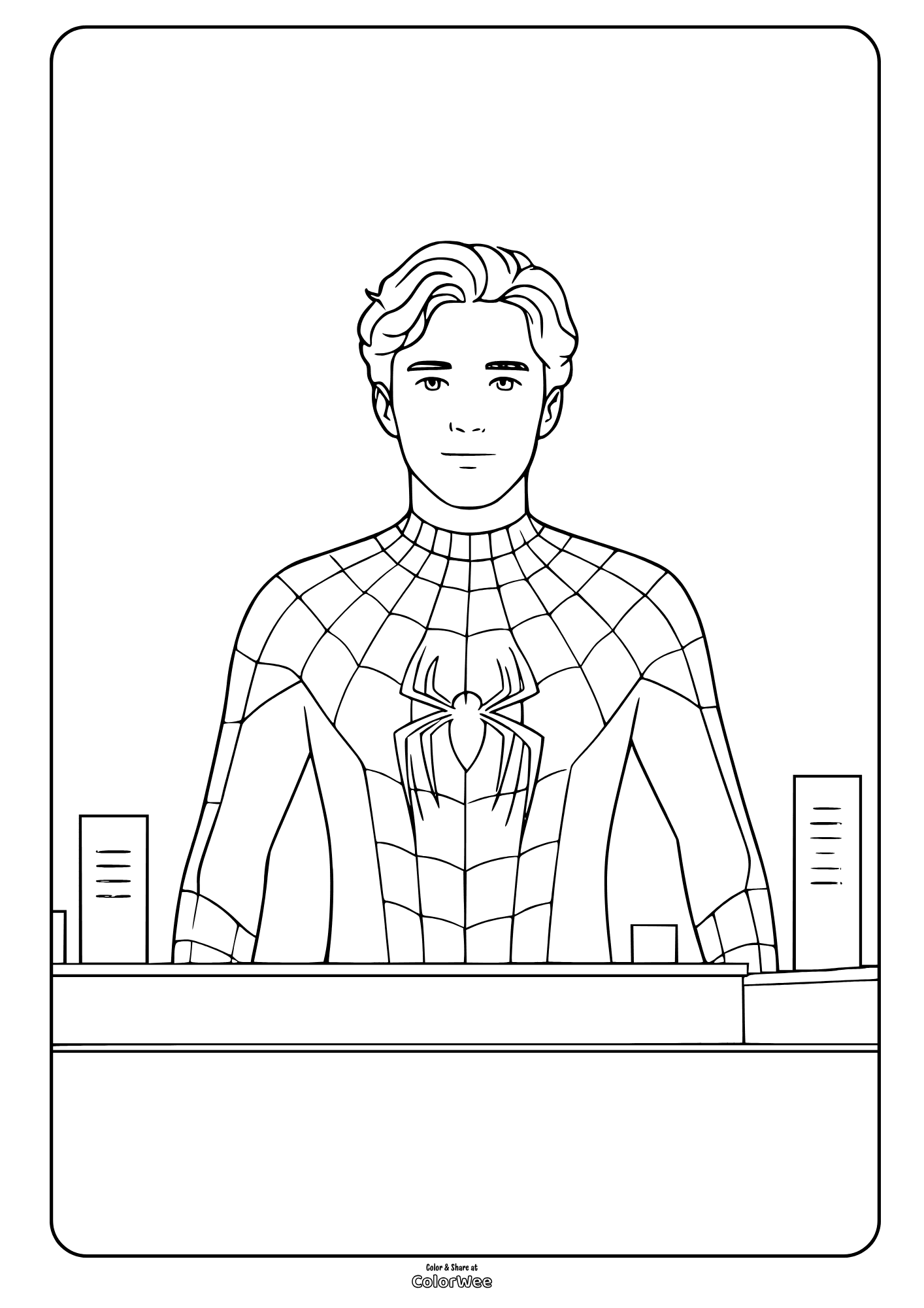 Spider-Man in Brand New Day coloring page with city skyline, printable line art