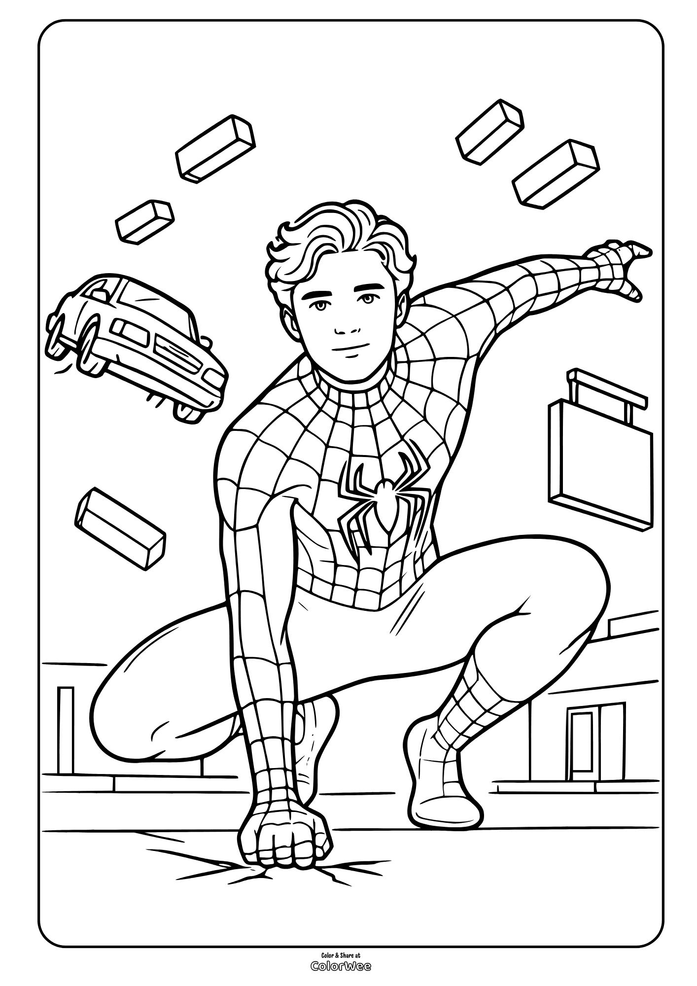 Spider-Man superhero action pose coloring page for kids to print from Brand New Day movie.