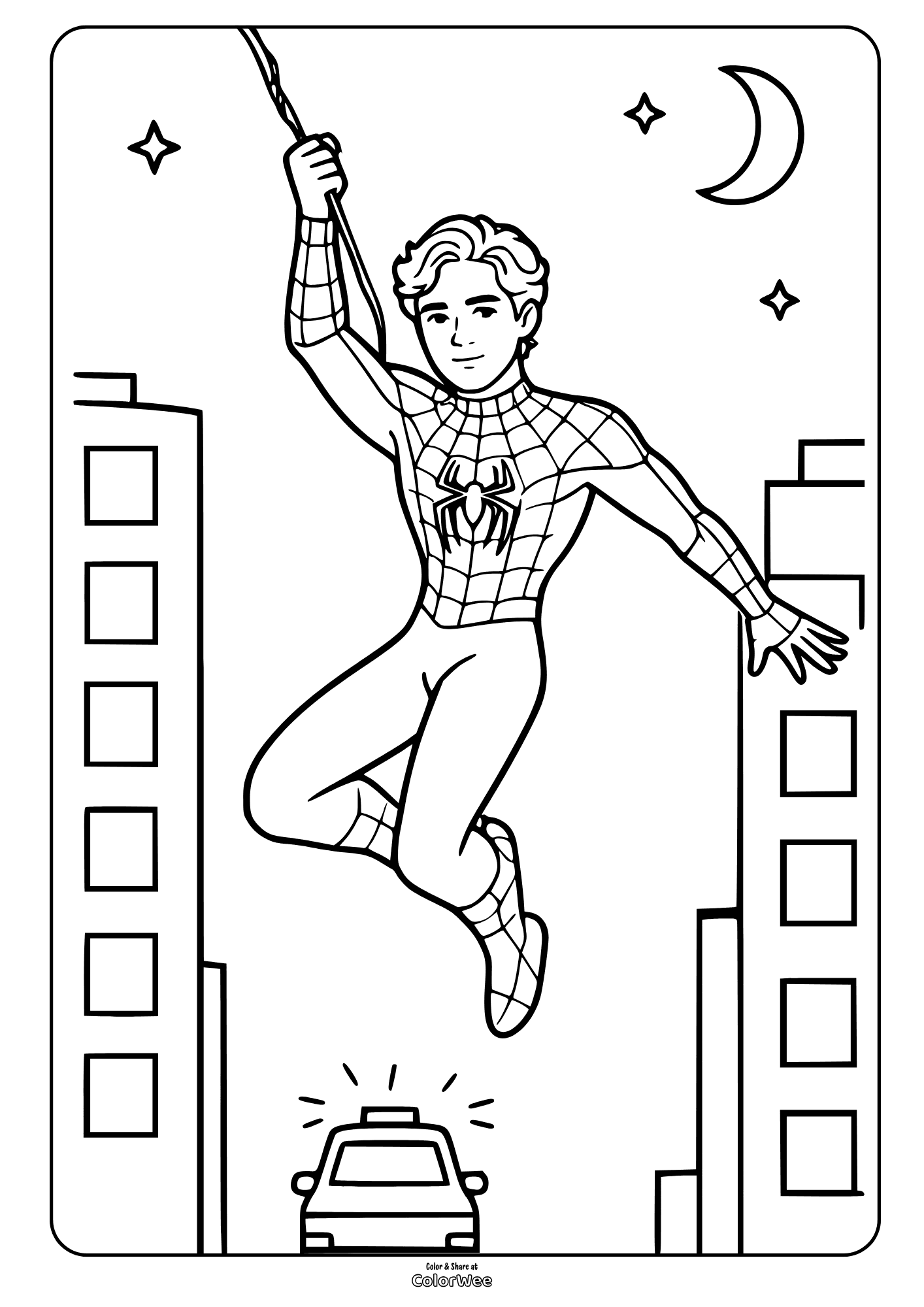 Spider-Man swinging at night in city coloring page from Brand New Day movie.