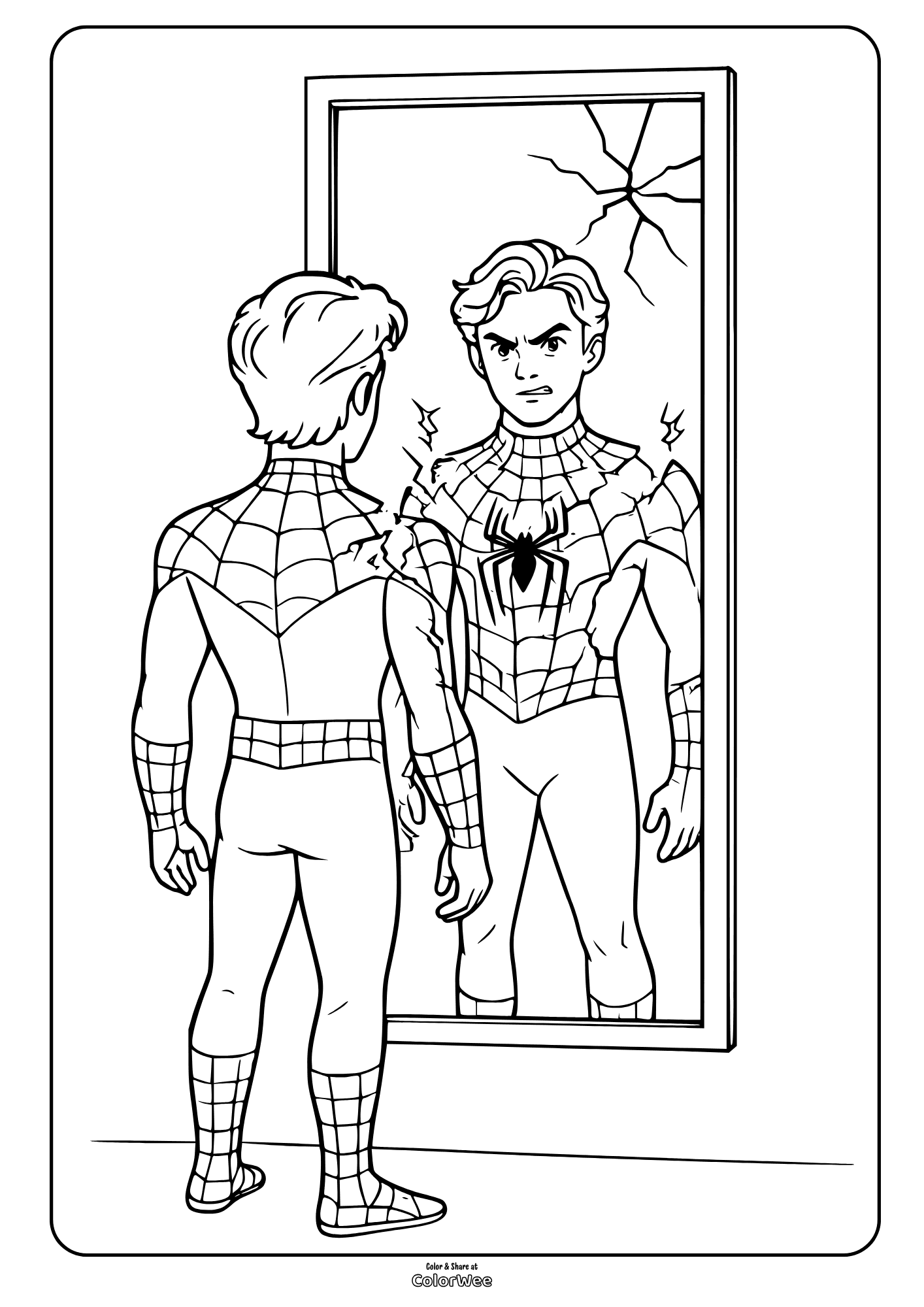 Spider man looking in cracked mirror costume reveal coloring page