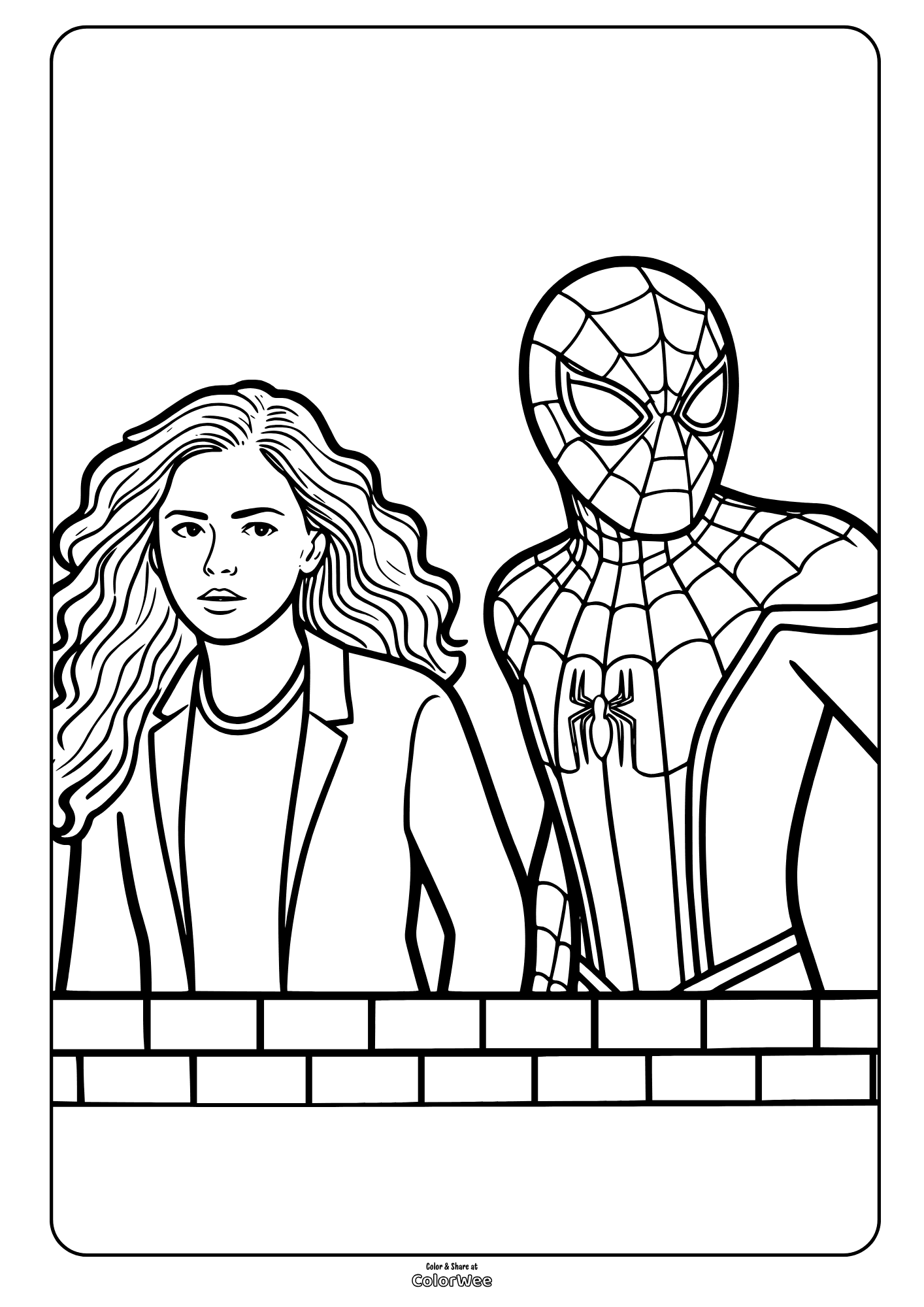 Spider-Man superhero with Mary Jane behind wall coloring page.