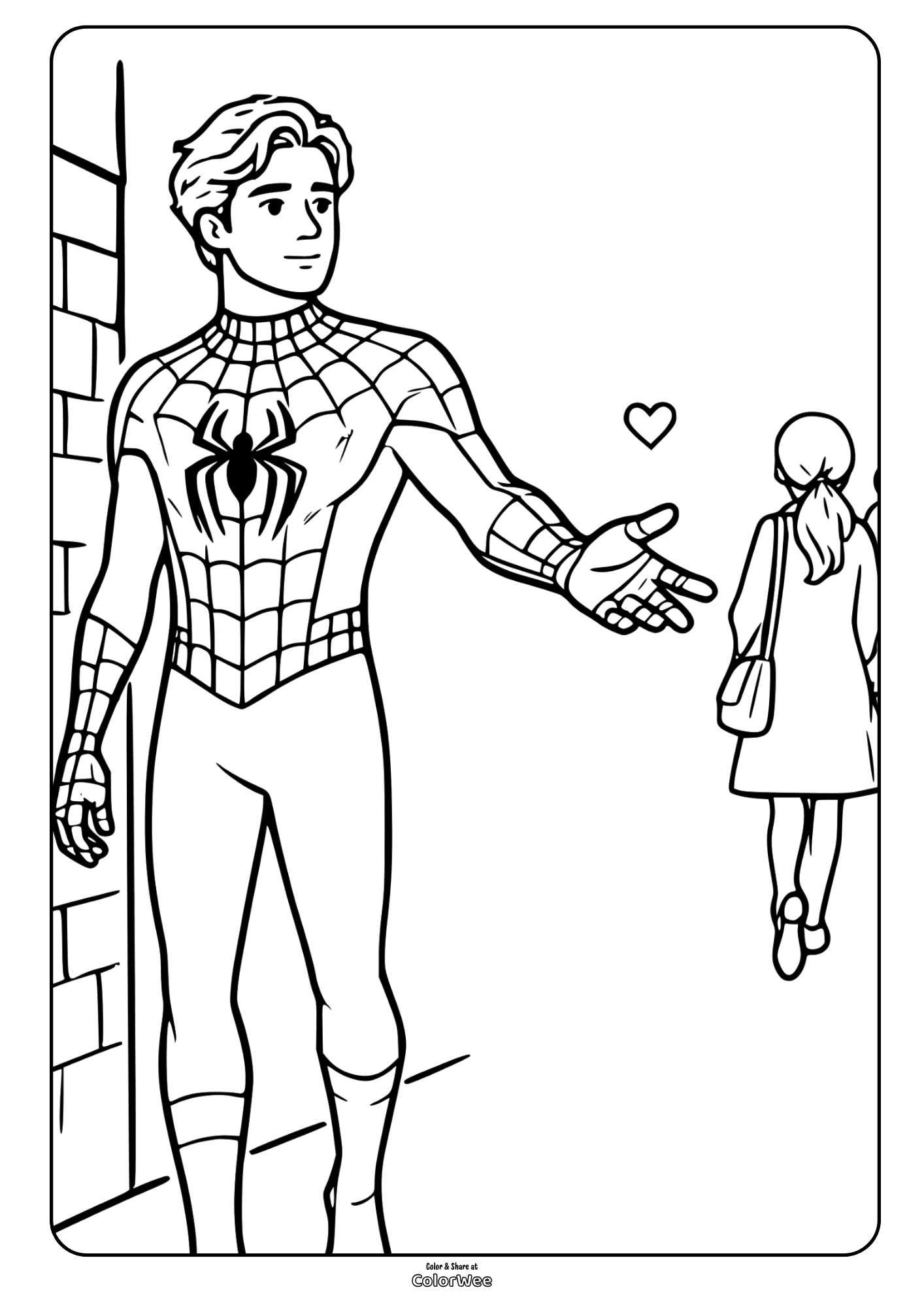 Spider-Man offering hand with heart, city scene coloring page.
