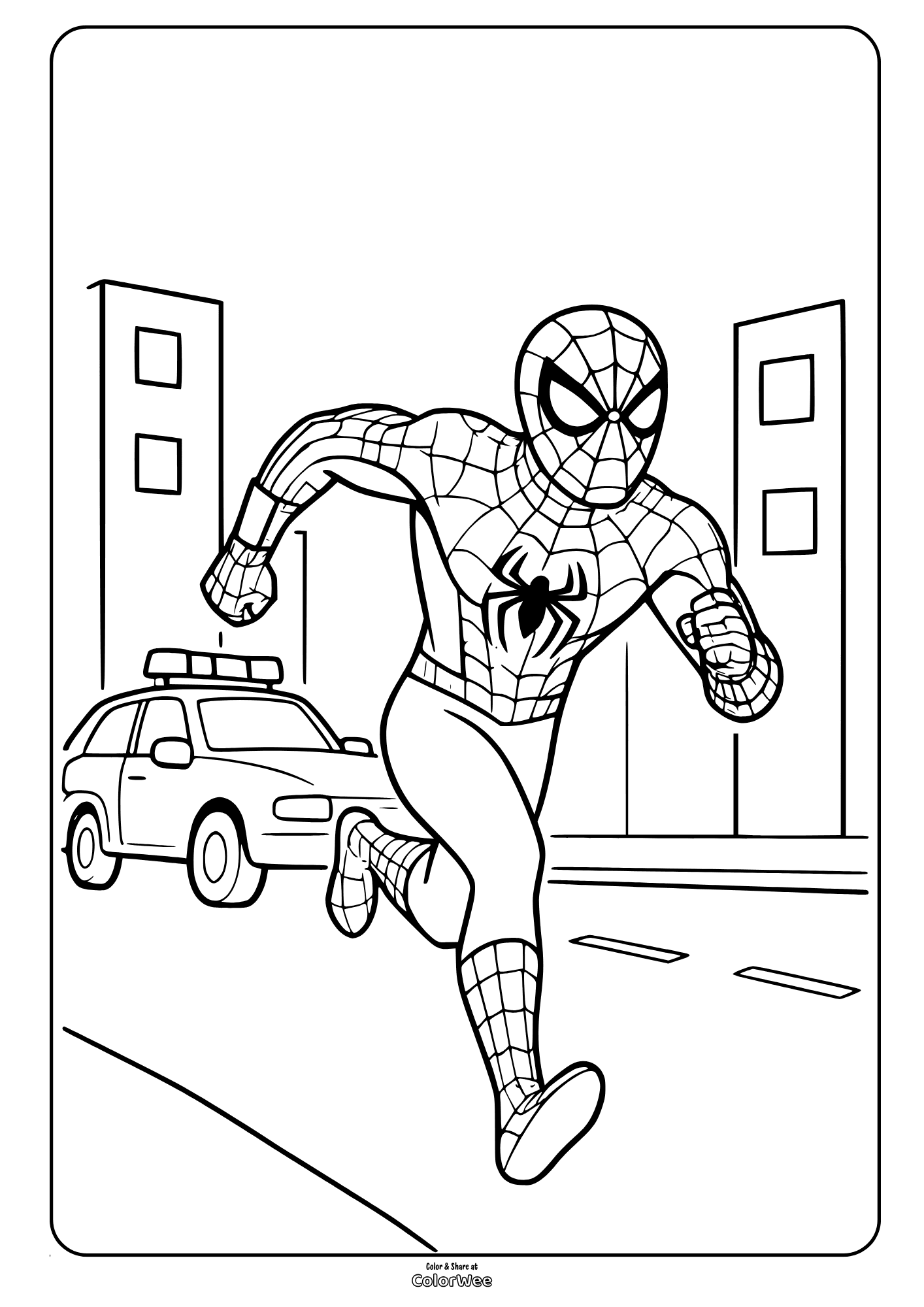 Spider-Man running in city with police car coloring page