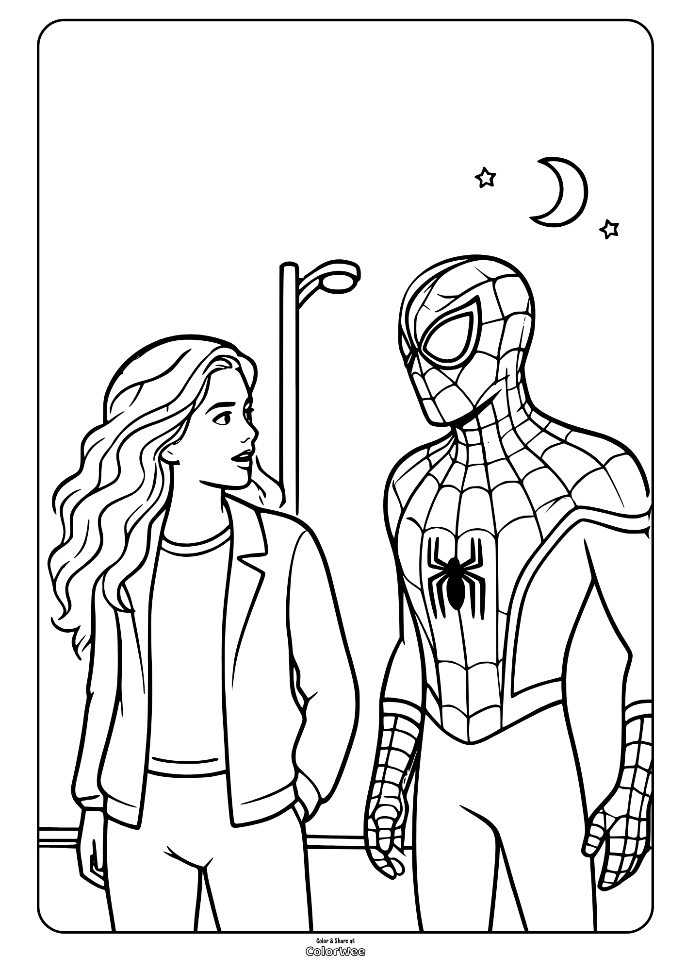 Spider-Man superhero and girl night scene coloring page