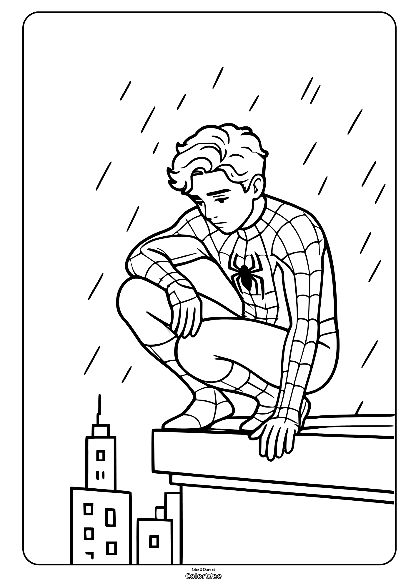 Spider-Man in Brand New Day crouching on rainy rooftop coloring page.
