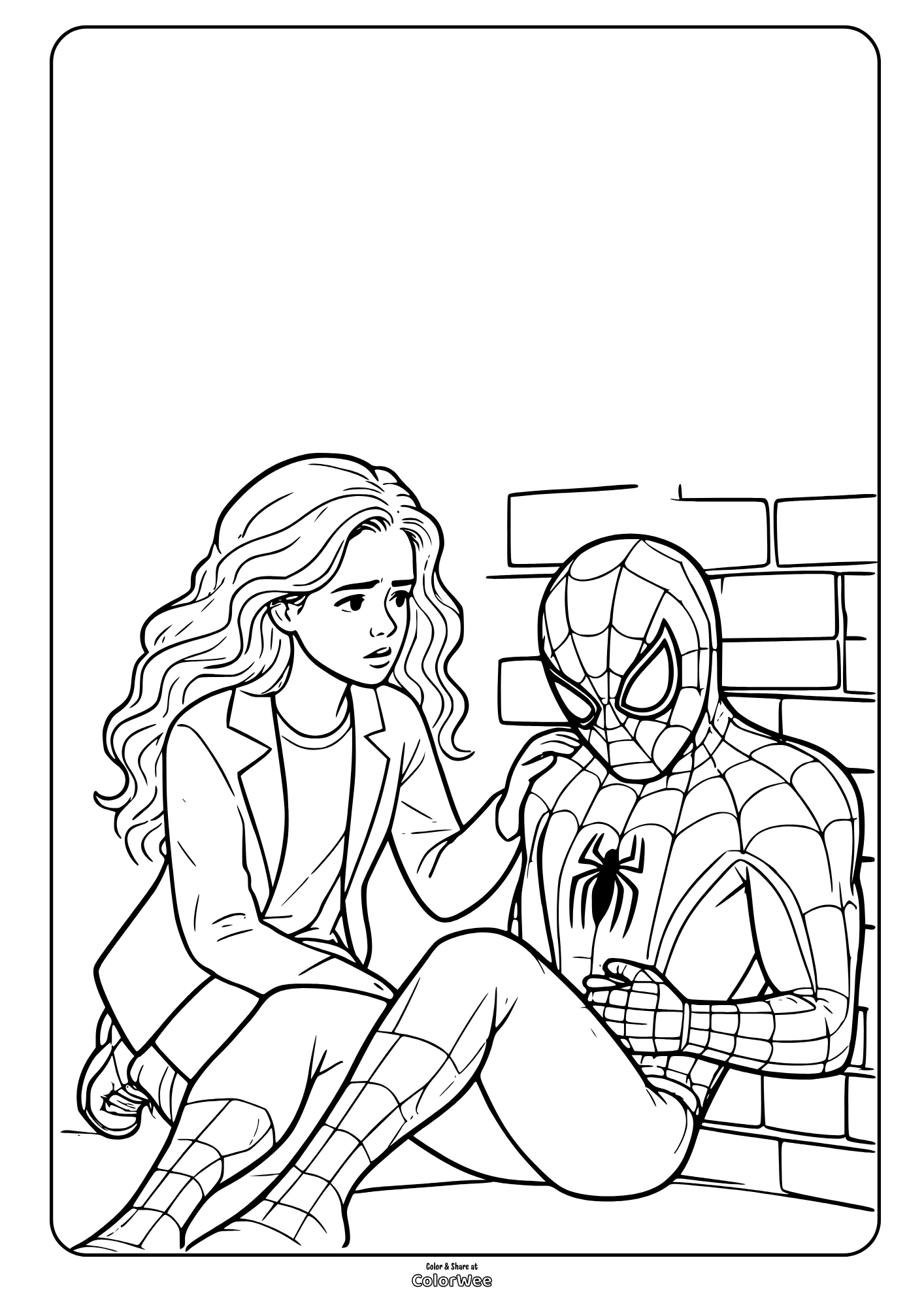 Spider-Man comforted by Mary Jane, brick wall coloring page.