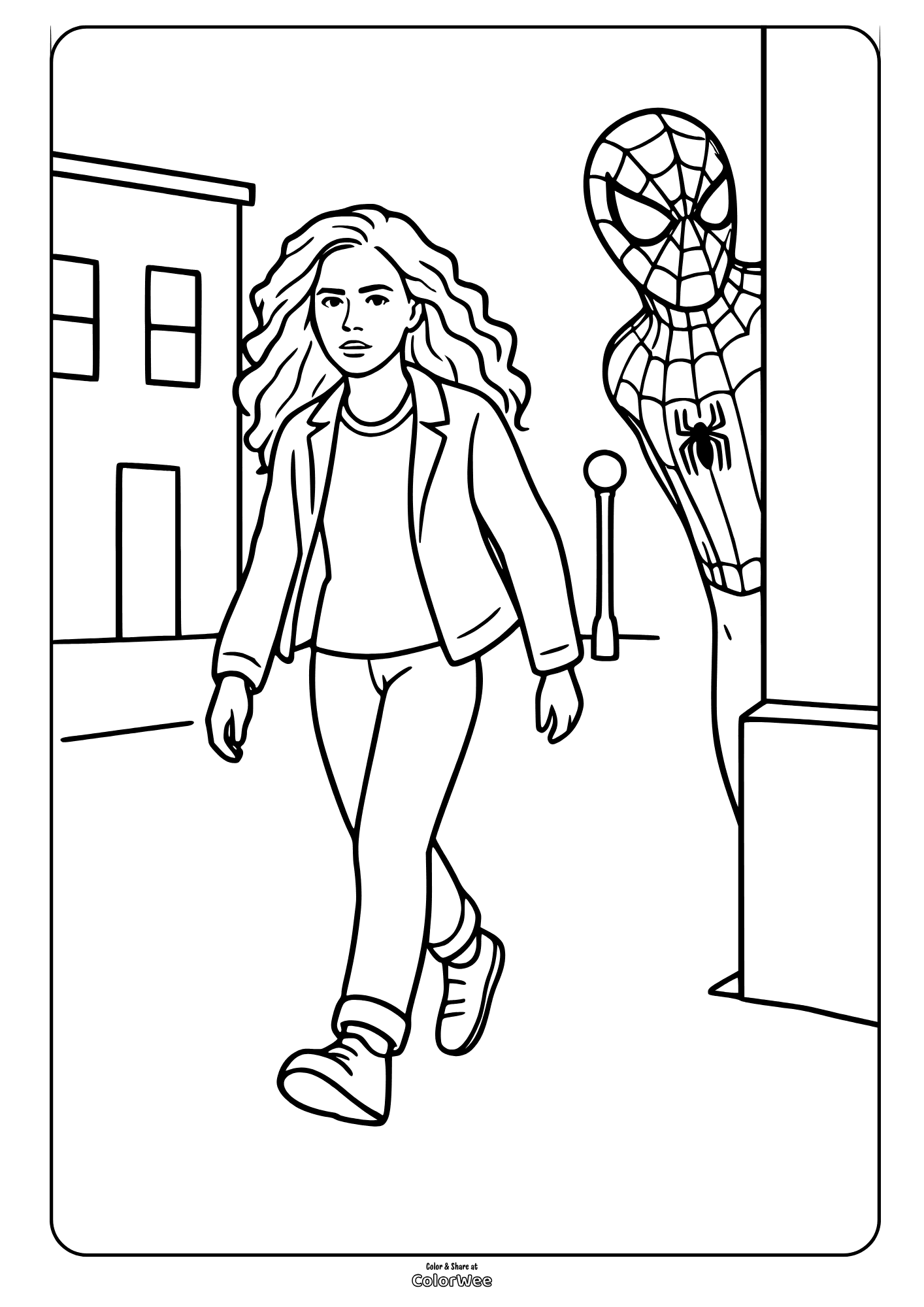 Spider-Man peeks from wall beside Mary Jane on city street coloring page