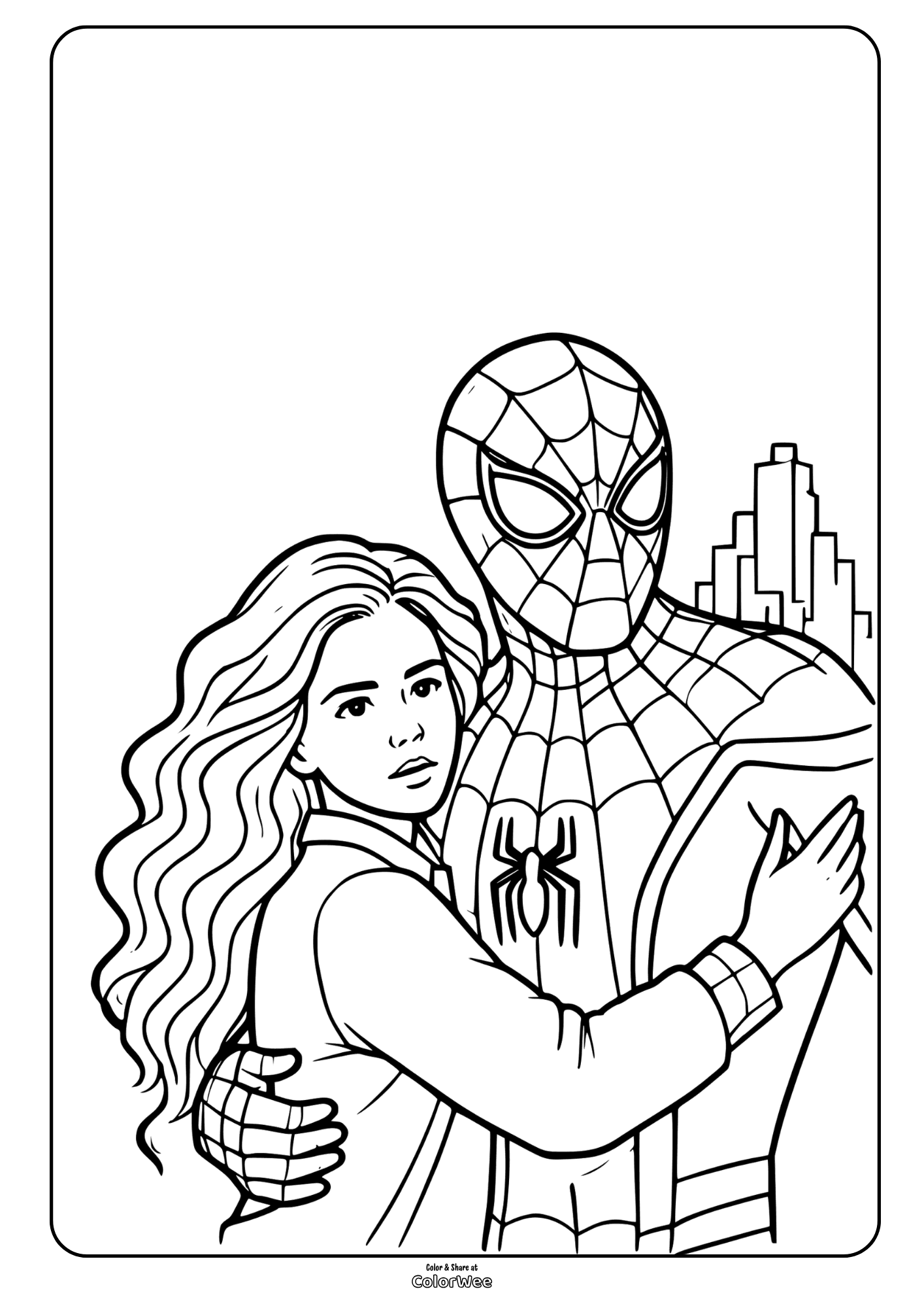 Spider-Man and MJ hug coloring page for kids, superhero city background