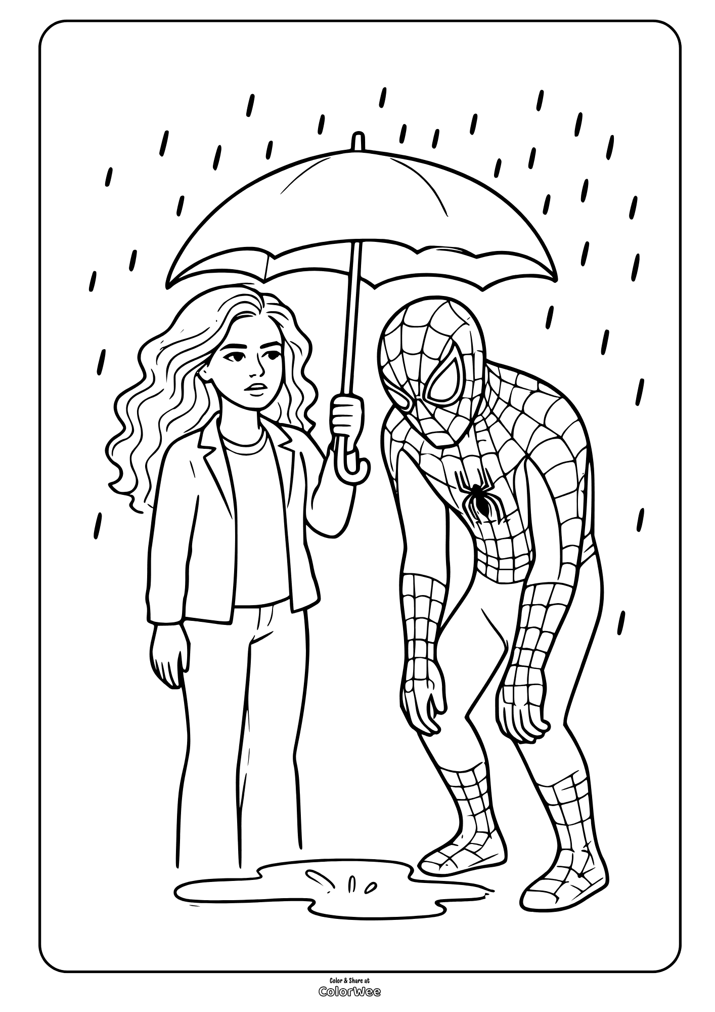 Spider-Man and Mary Jane under umbrella in rain coloring page