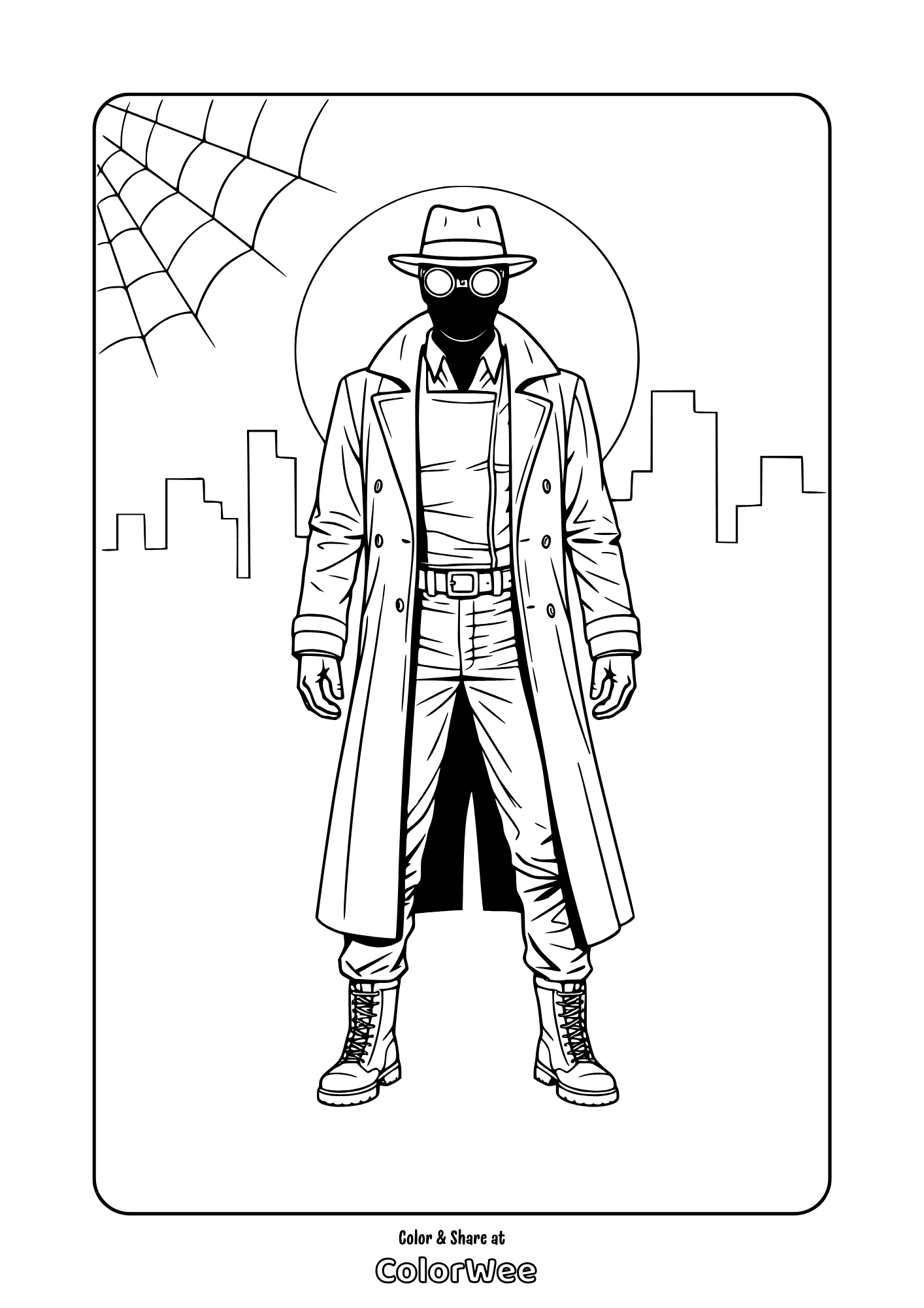 Spider-Noir hero in city skyline coloring page