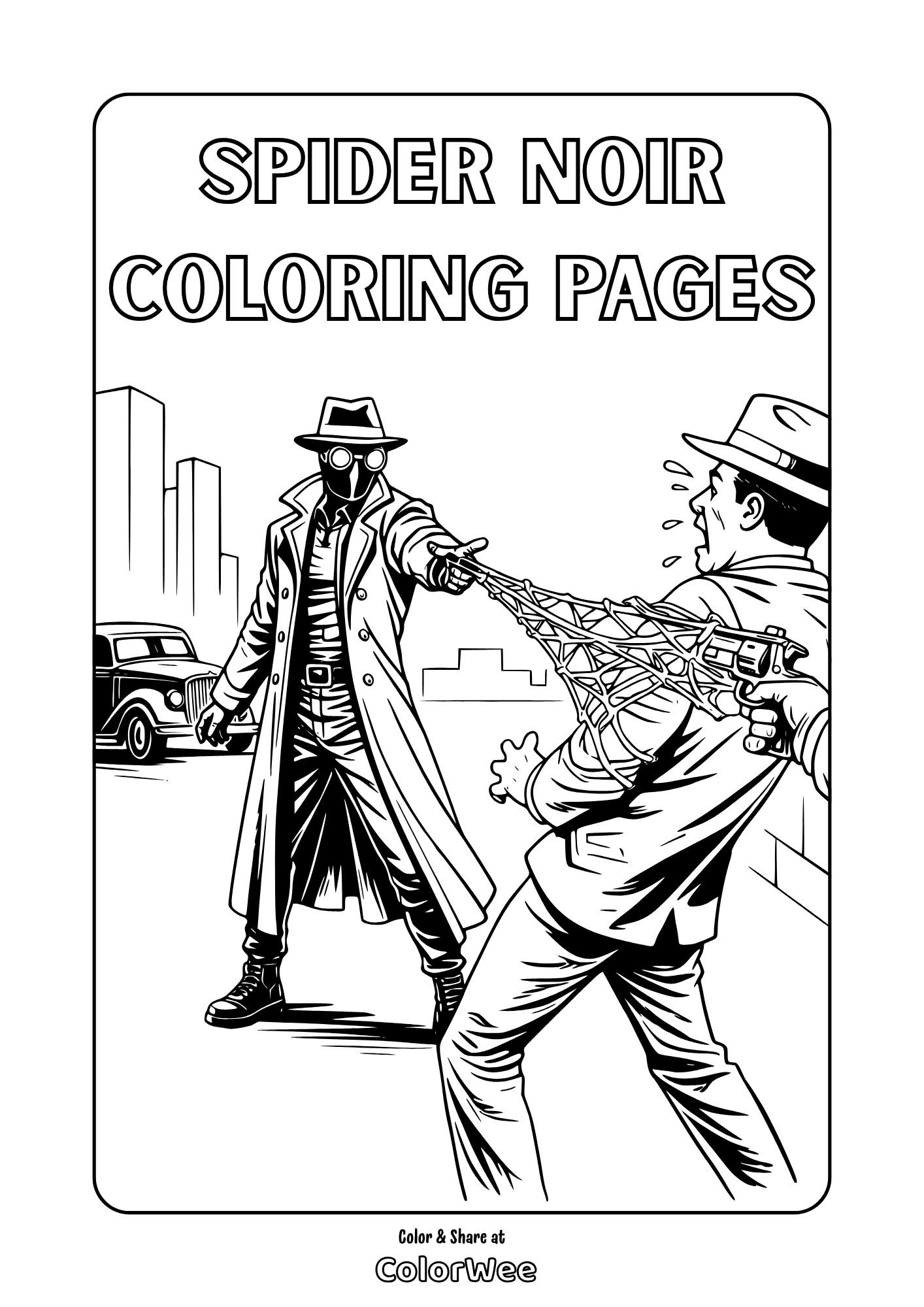 Printable Spider Noir webbing gangster coloring page for kids and adults