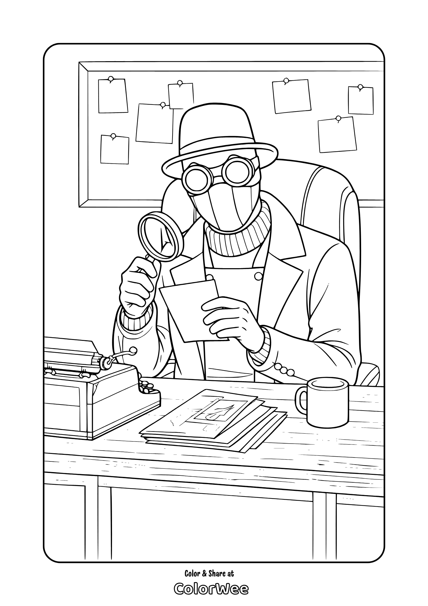 Printable spider noir office coloring page with magnifying glass