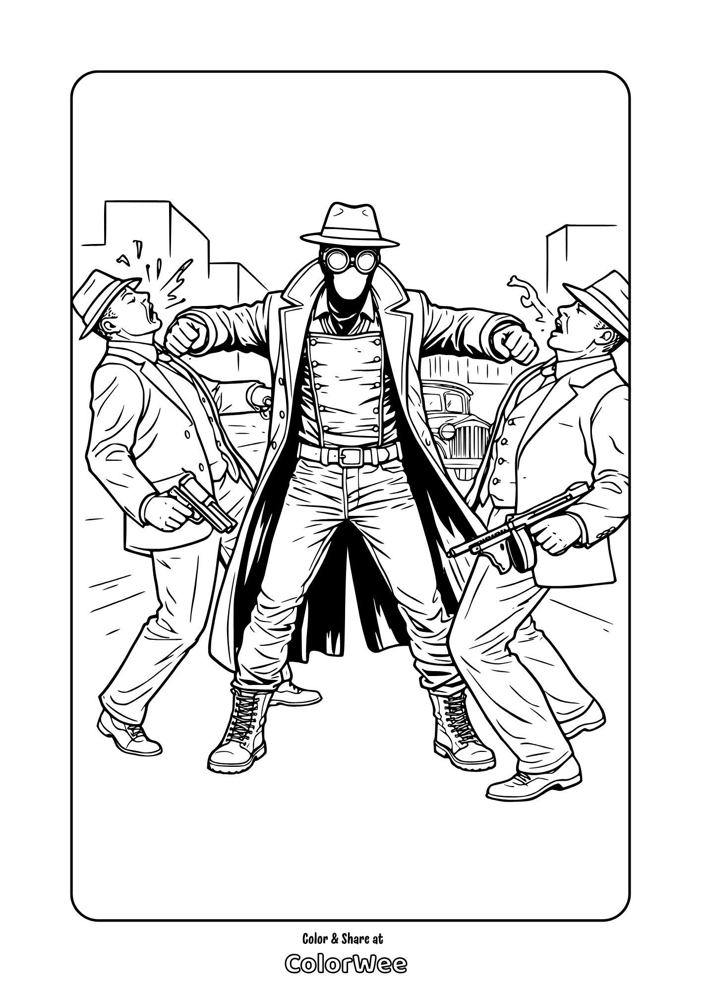 Spider-Man Noir vs gangsters in 1930s city coloring page