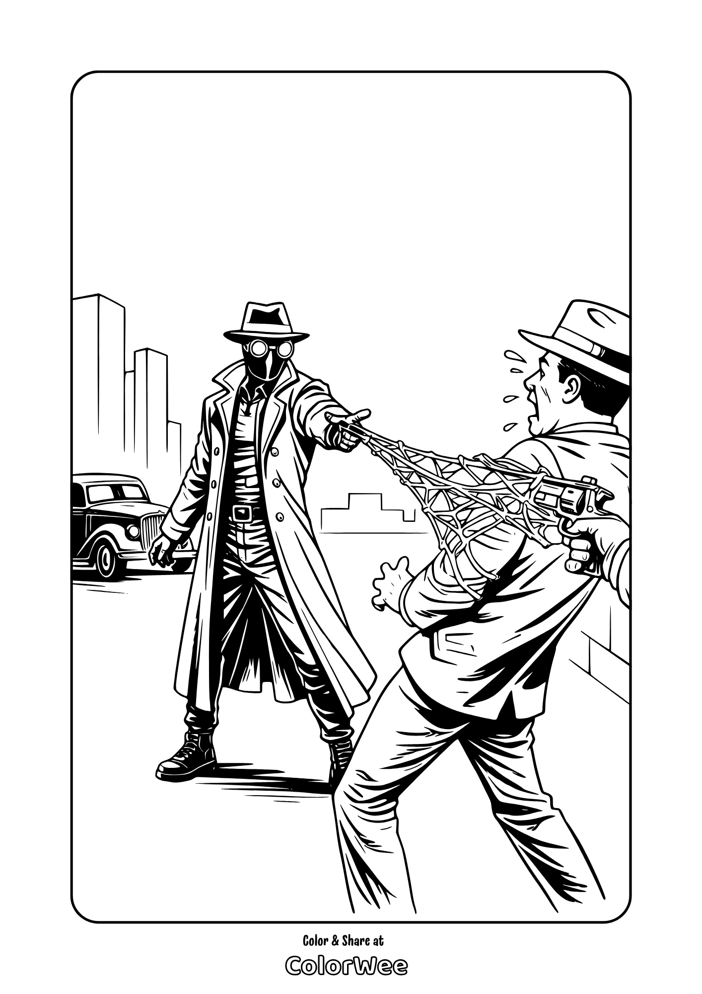 Spider-Noir stops gangster with net gun coloring page