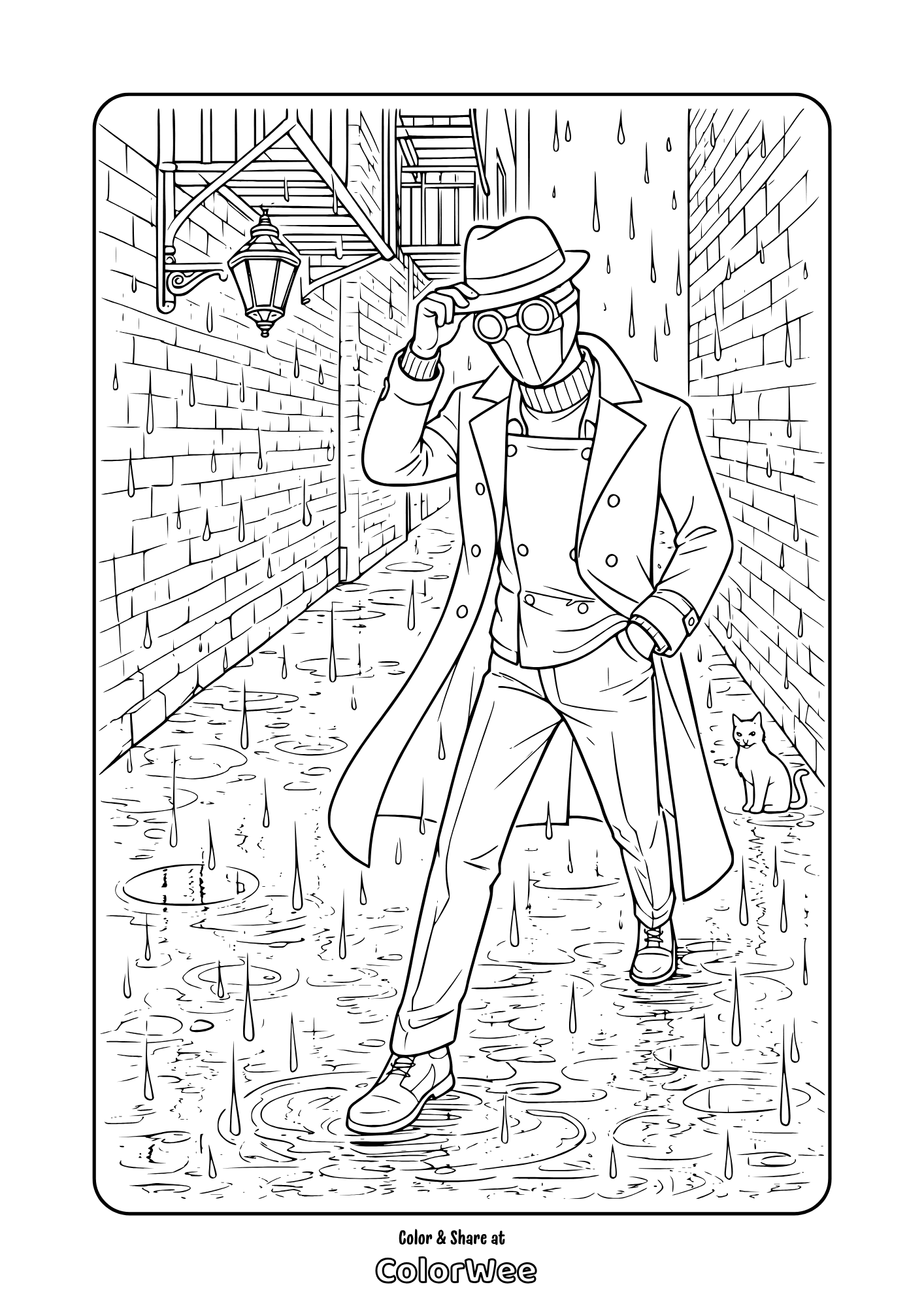 Spider-Noir detective in trench coat walking in rainy alley coloring page