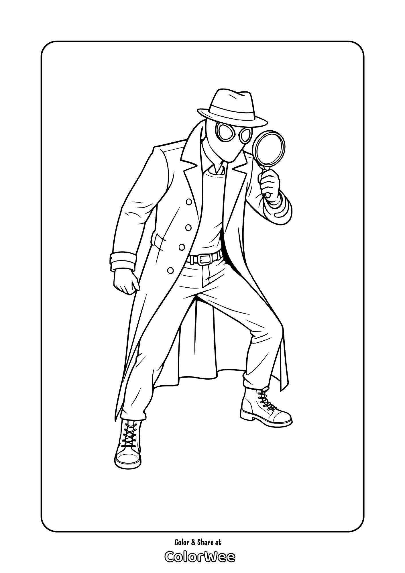 Printable Spider-Noir coloring page with magnifying glass and trench coat