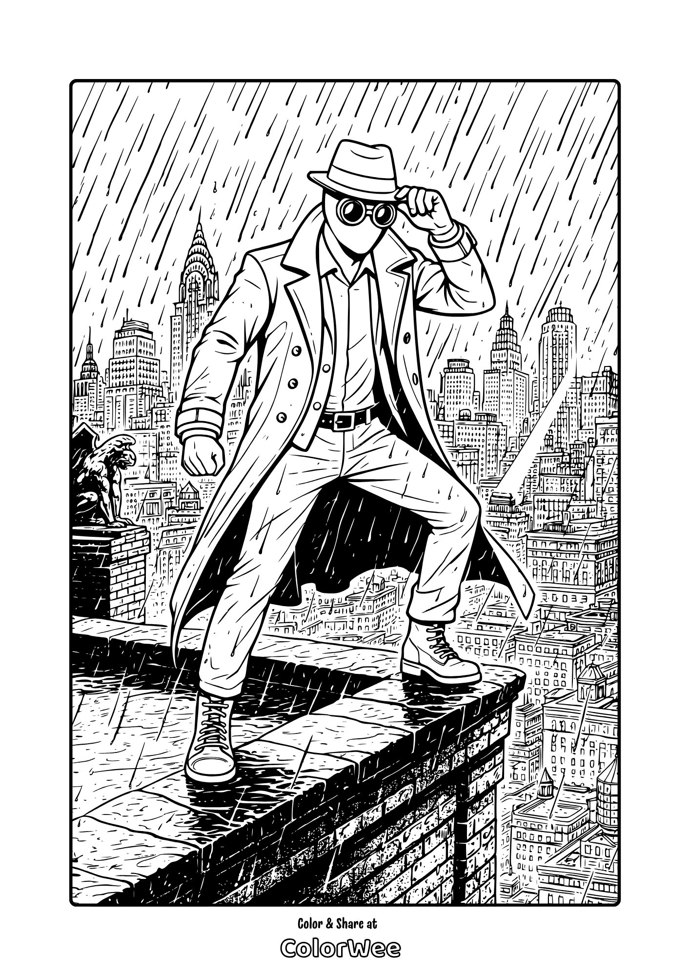 Masked Spider-Noir on rainy city rooftop very detailed coloring page