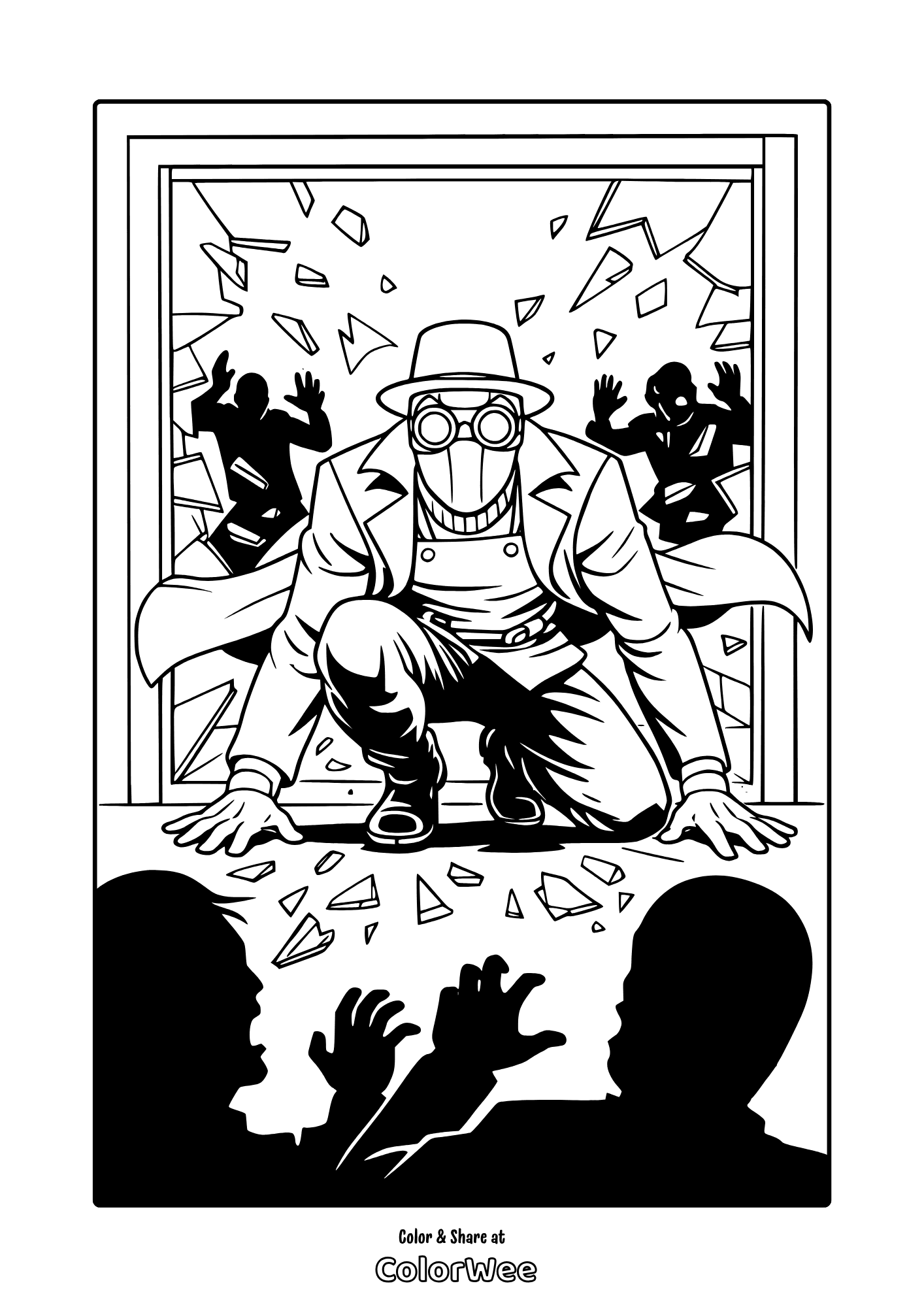 Coloring page: Spider-Noir crashing through window action scene