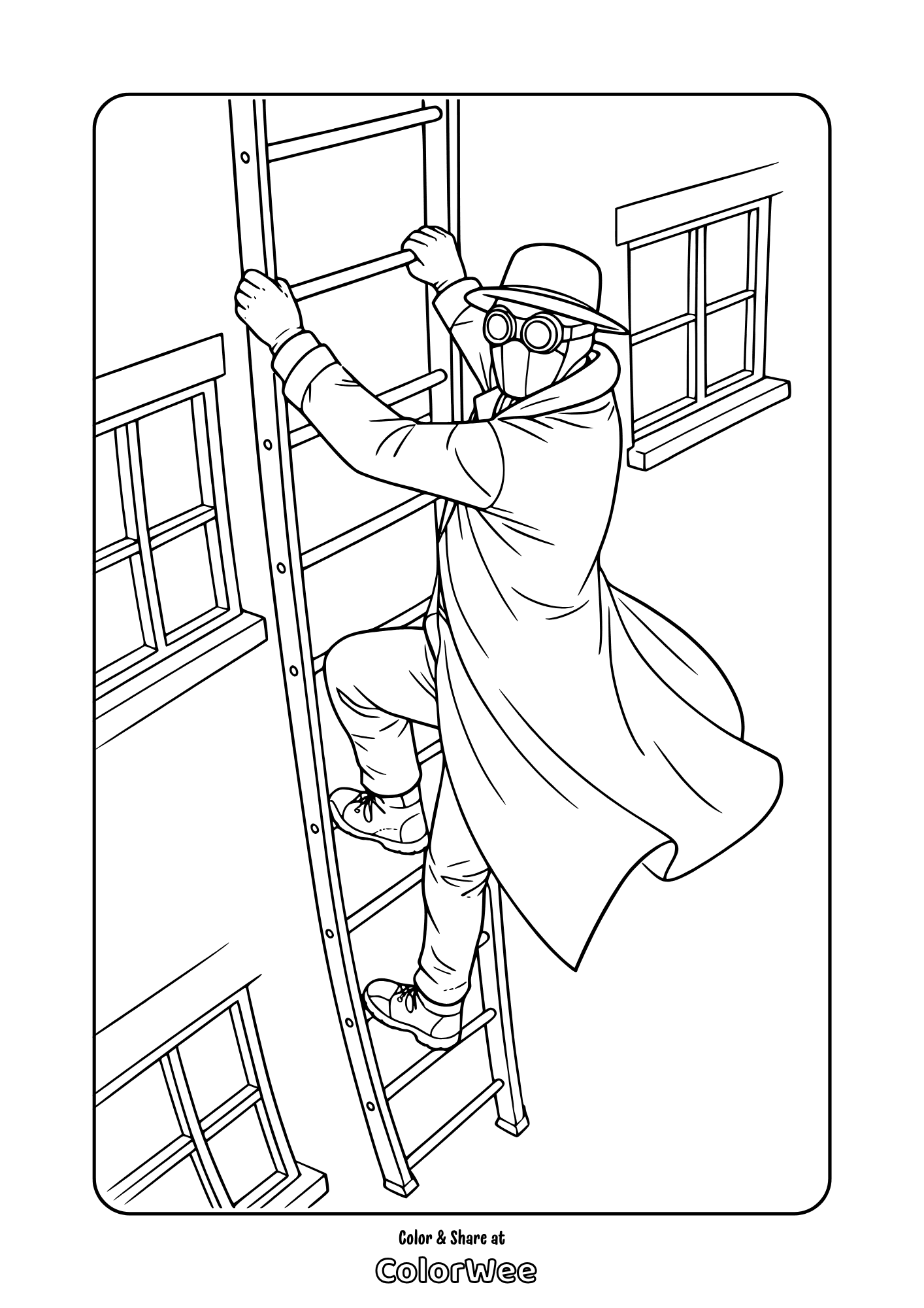 Spider-Noir in trench coat climbing ladder by windows coloring page