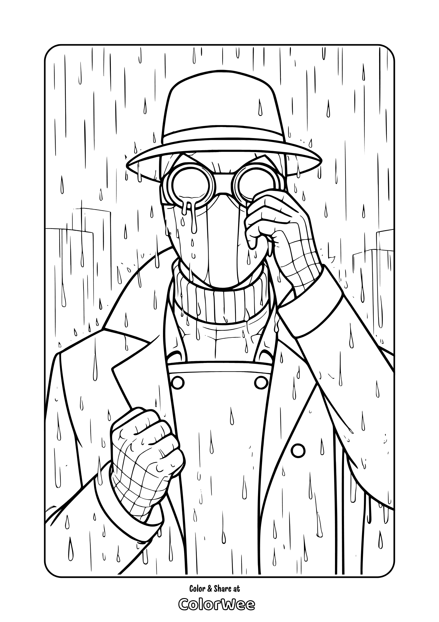Spider-Noir masked detective in rain with hat and goggles coloring page