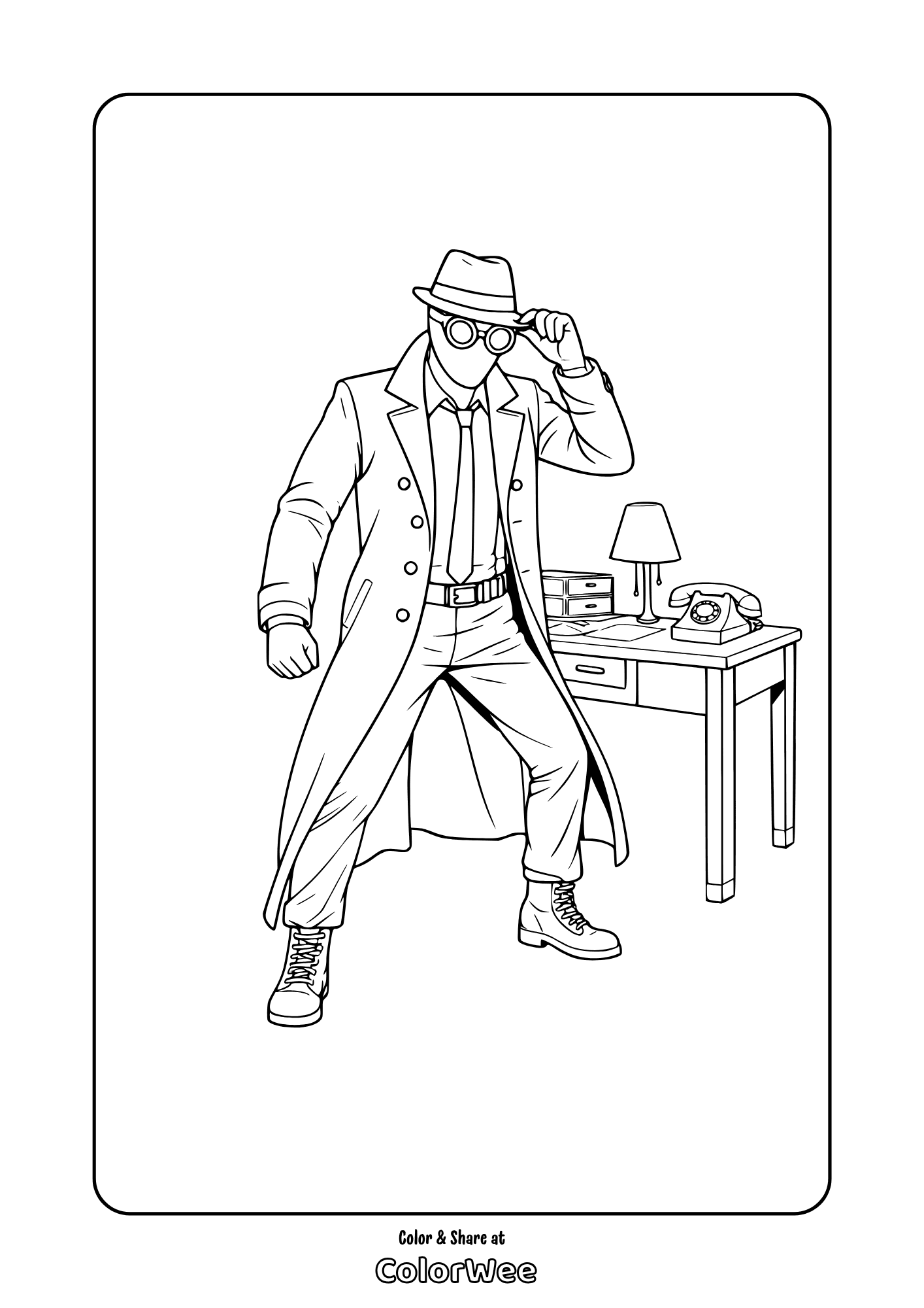 Spider-Man Noir in trench coat with magnifying glass office coloring page