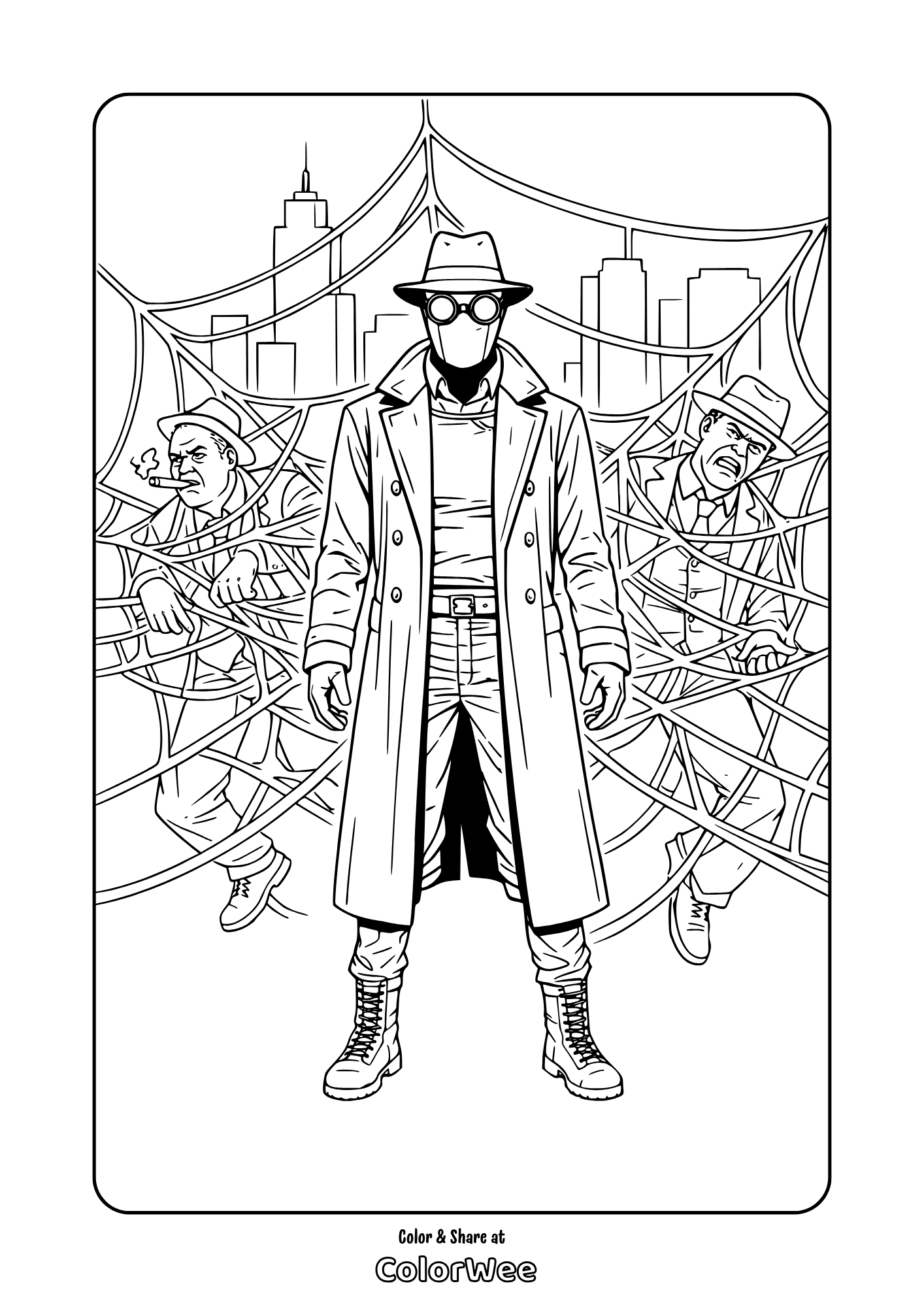Spider-Noir masked detective traps gangsters in web city scene coloring page
