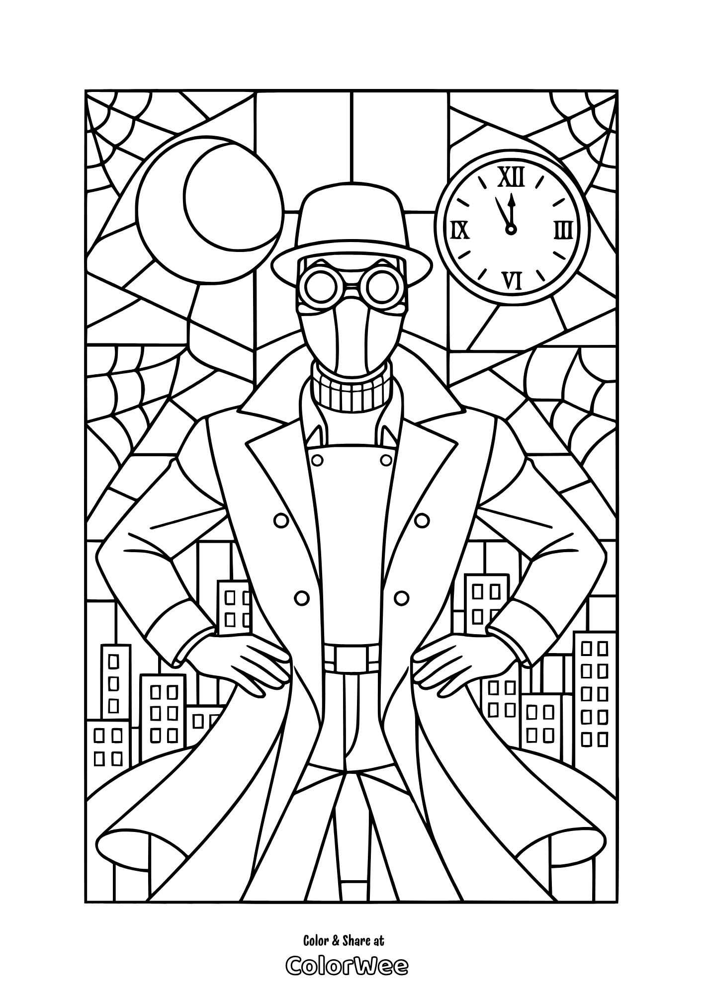 Spider-Noir - city skyline, moon and clock coloring page