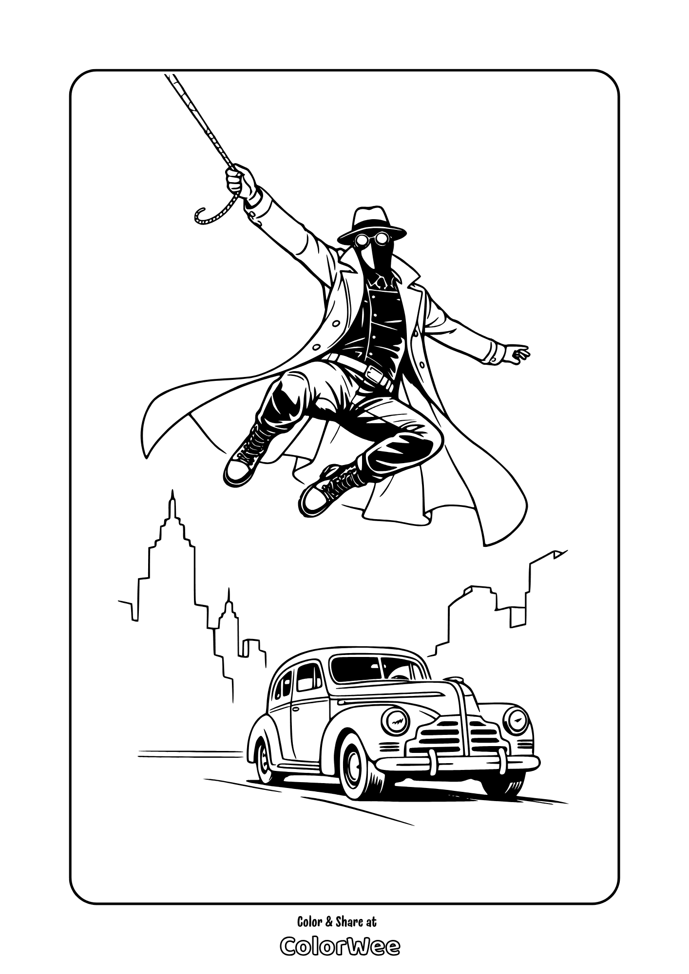 Spider-Noir swinging over city with classic car coloring page