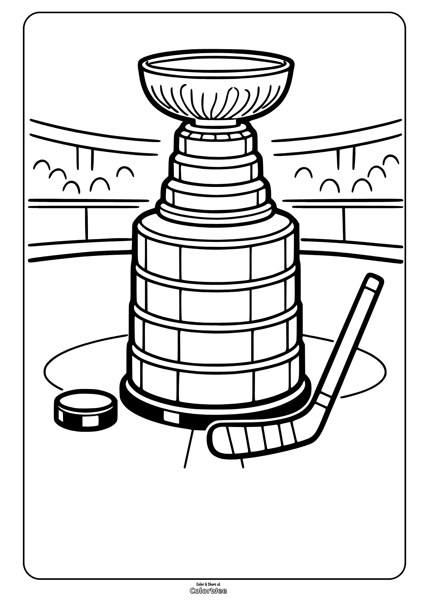 Ice hockey trophy with stick and puck in arena coloring sheet