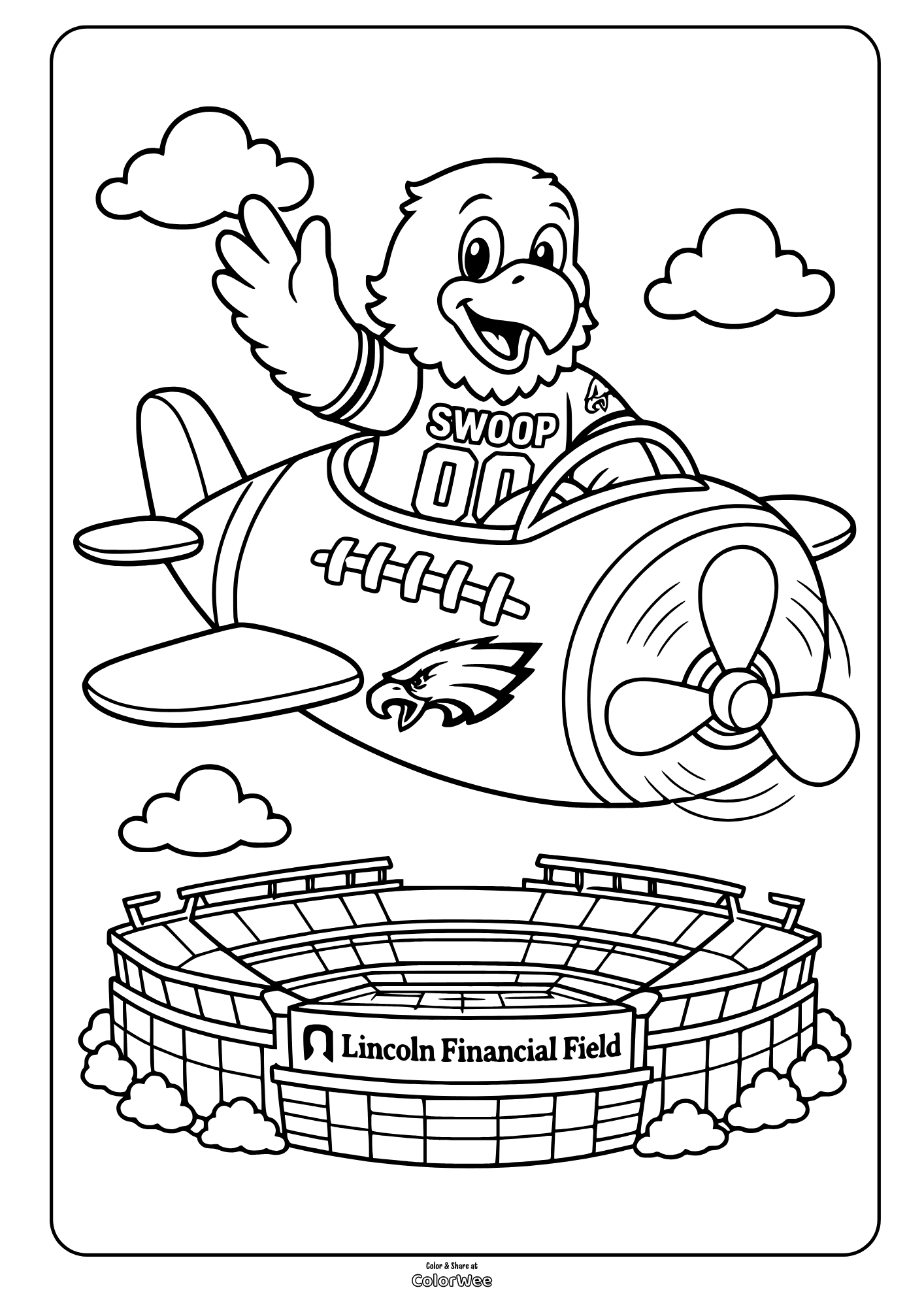 Eagle mascot waves from a football-themed airplane above Lincoln Financial Field, picture to color