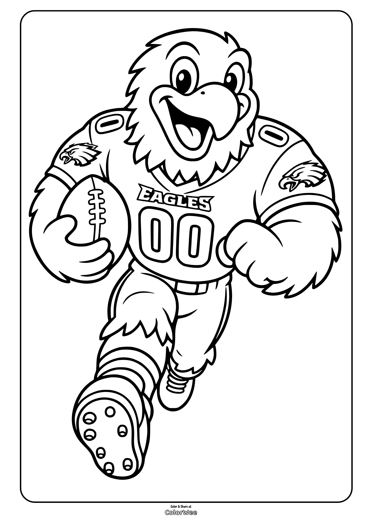 Cartoon eagle football mascot SWOOP holding a football in uniform, coloring sheet